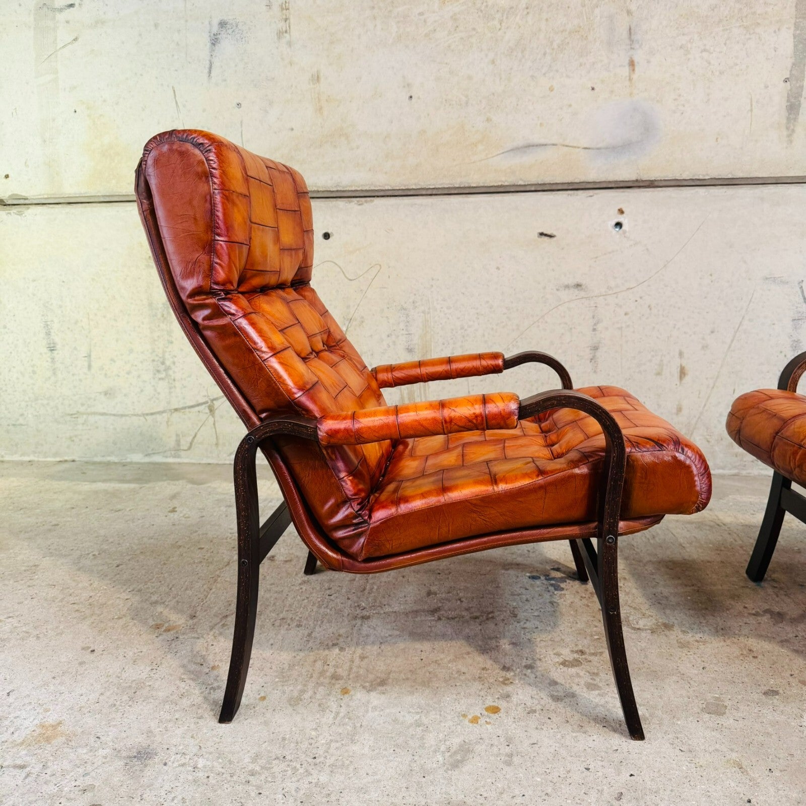Pair of 1970s Danish Vintage Patchwork Tan Leather Bentwood Chairs