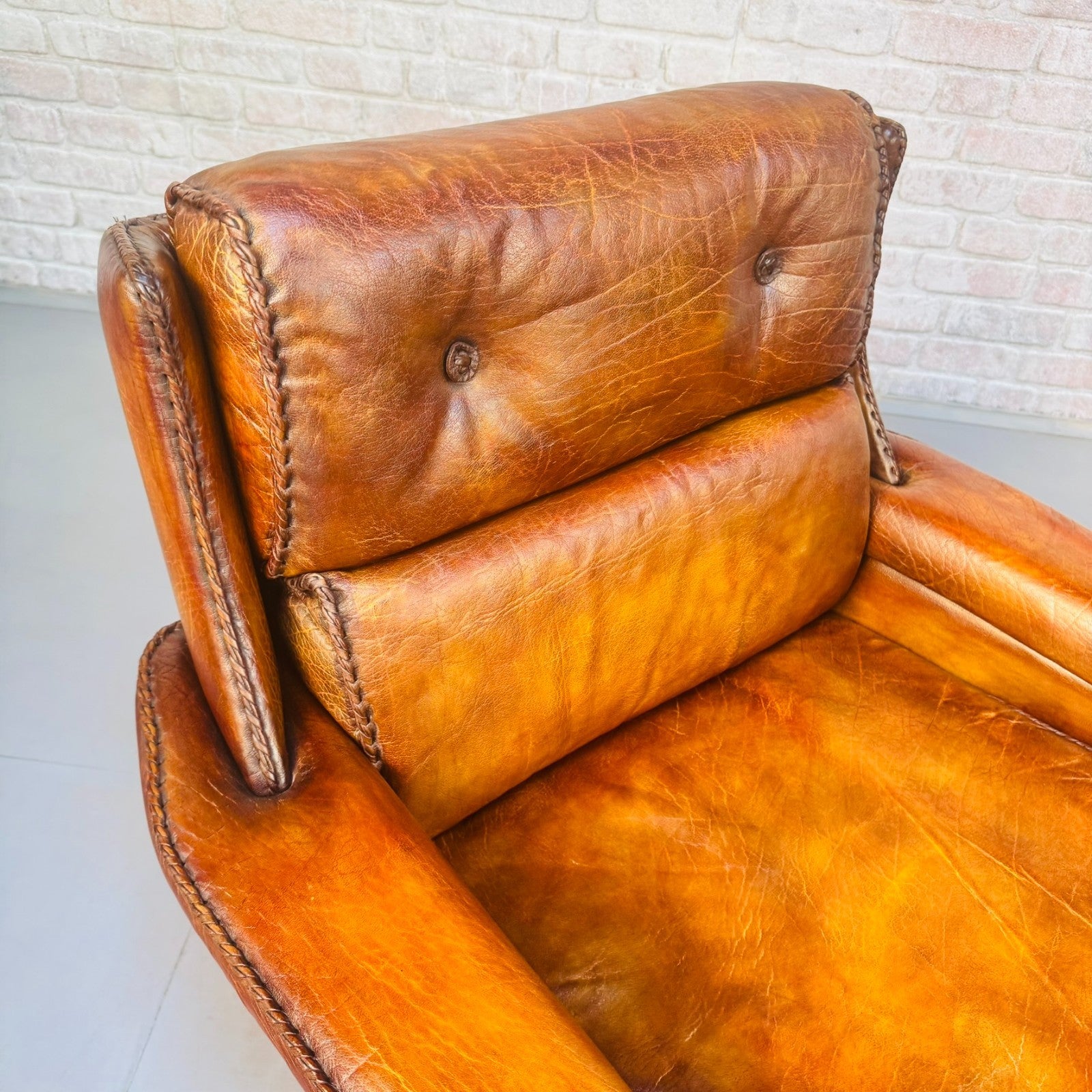 Pair Danish Swivel Chairs Tan Bison Leather Hand Plaited Lounge Chairs