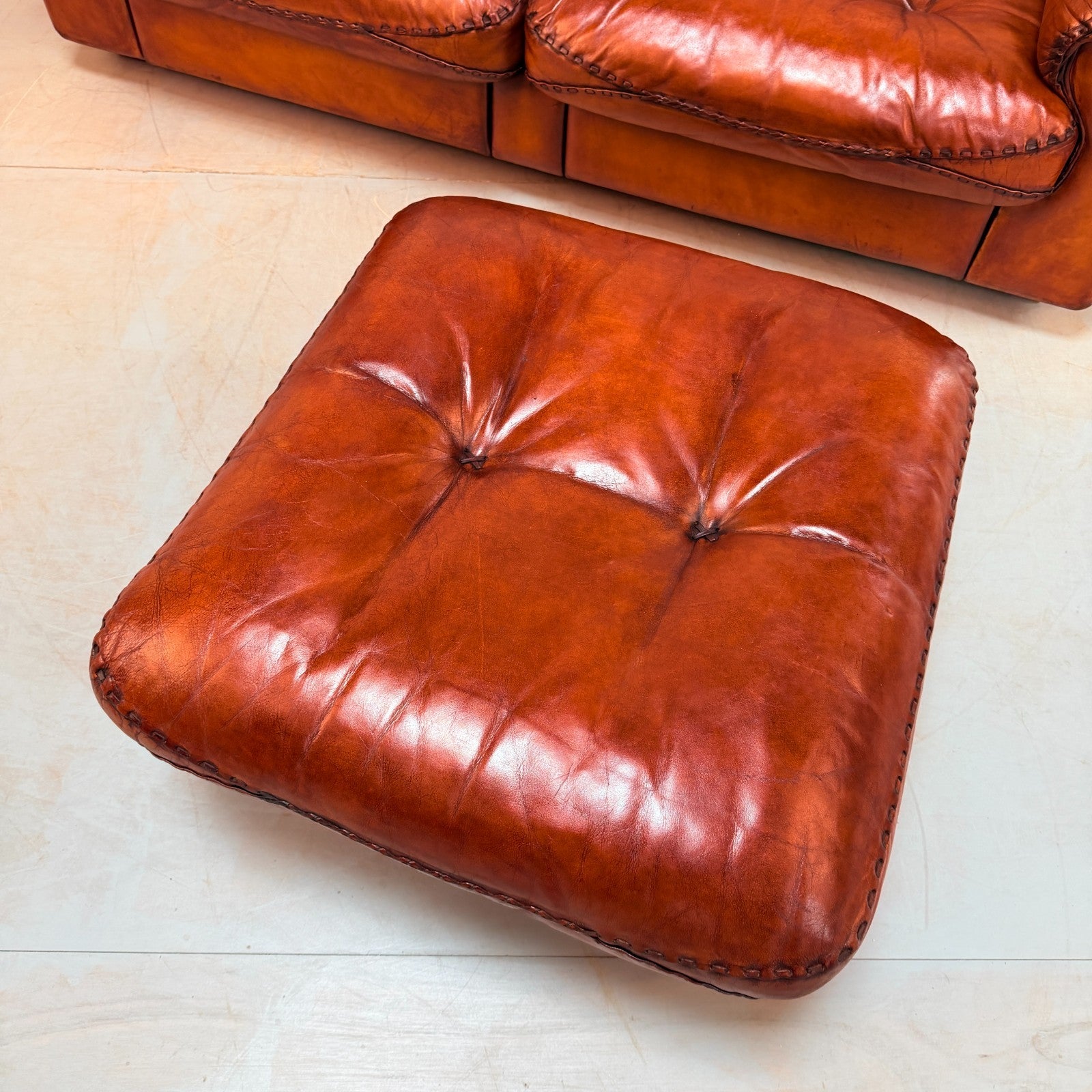 Vintage 70s De Sede DS-101 Two Seater Sofa & Footstool Cognac Leather Switzerlan