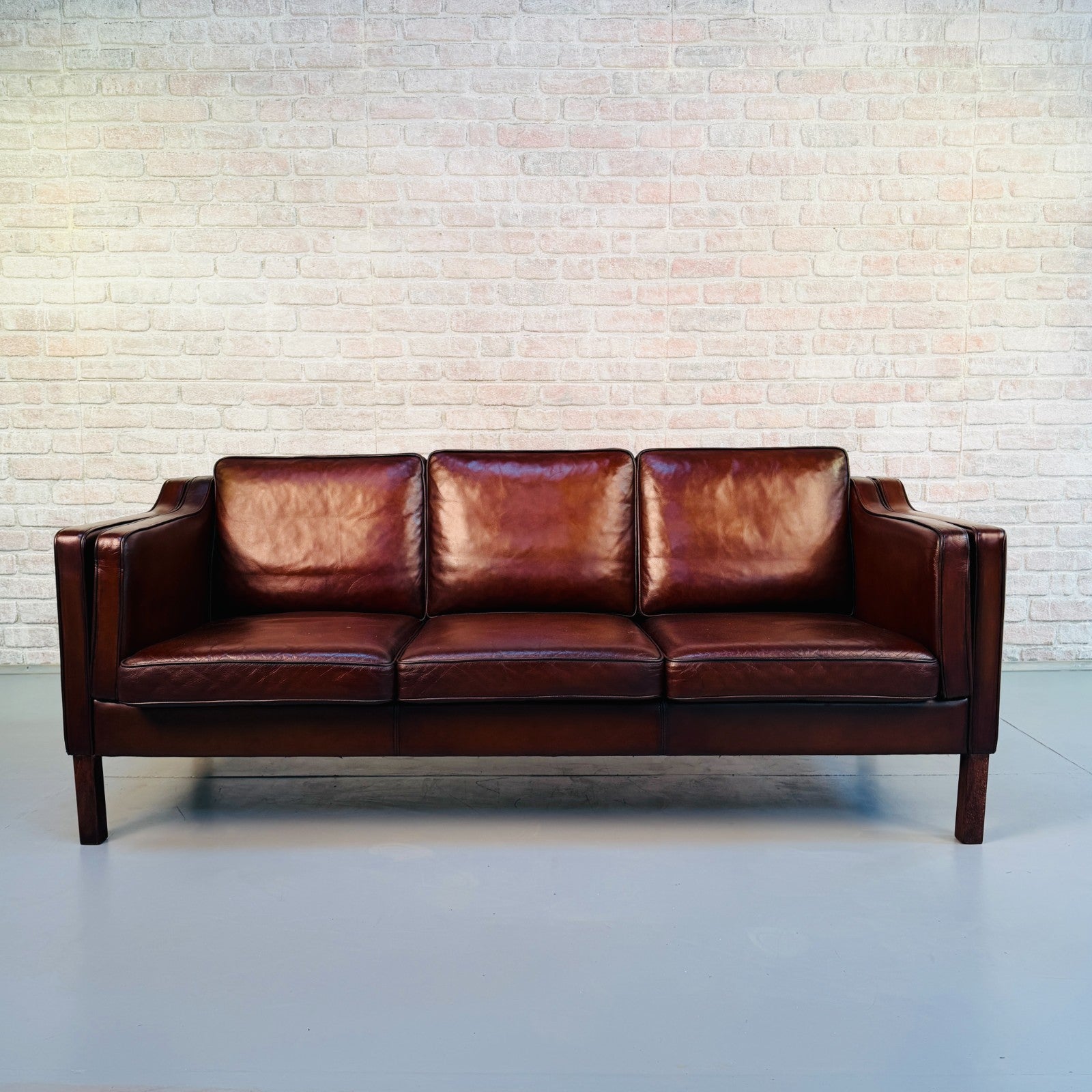 Vintage Danish Børge Mogensen Style Cigar Brown Leather Three Seater Sofa