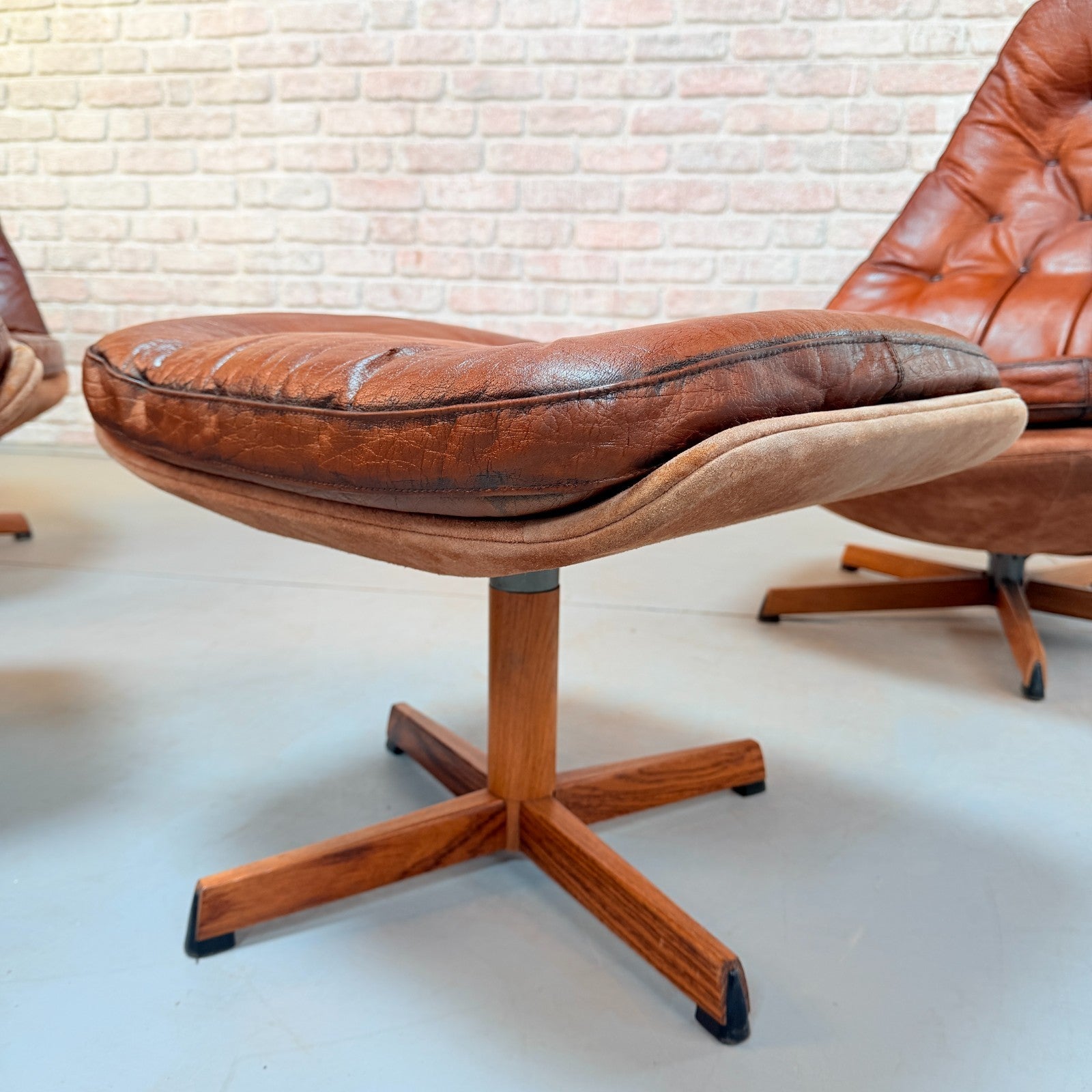 1960s Pair of Madsen & Schubell MS68 Cognac Leather Lounge Chairs & Footstools
