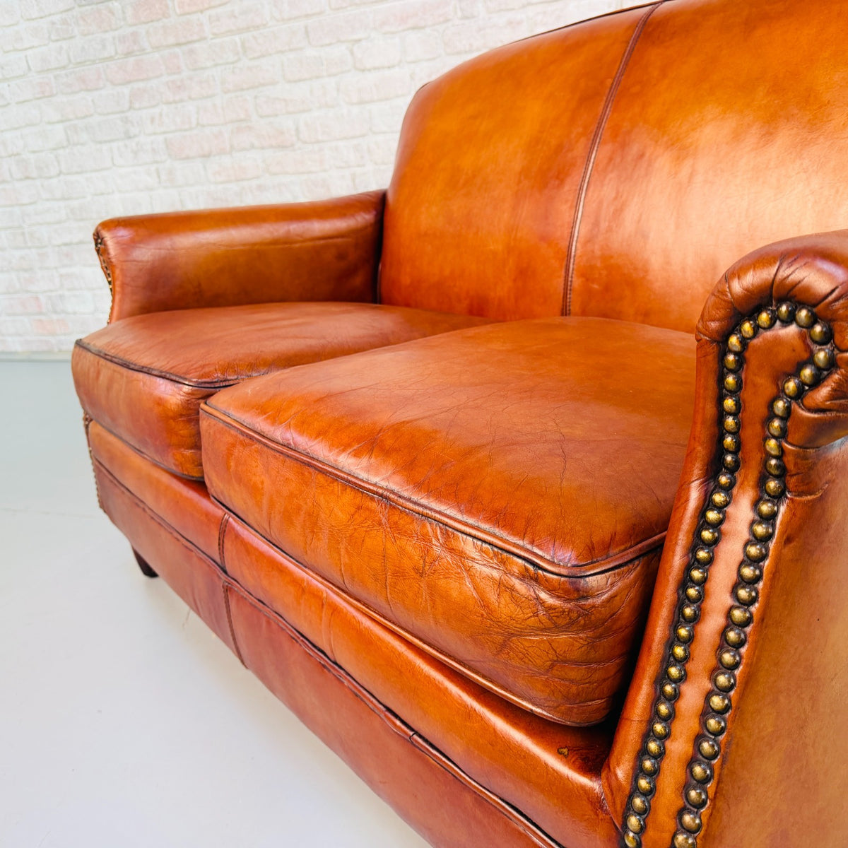 Vintage English Club Cognac Leather 2 Seater Sofa & Armchair Suite