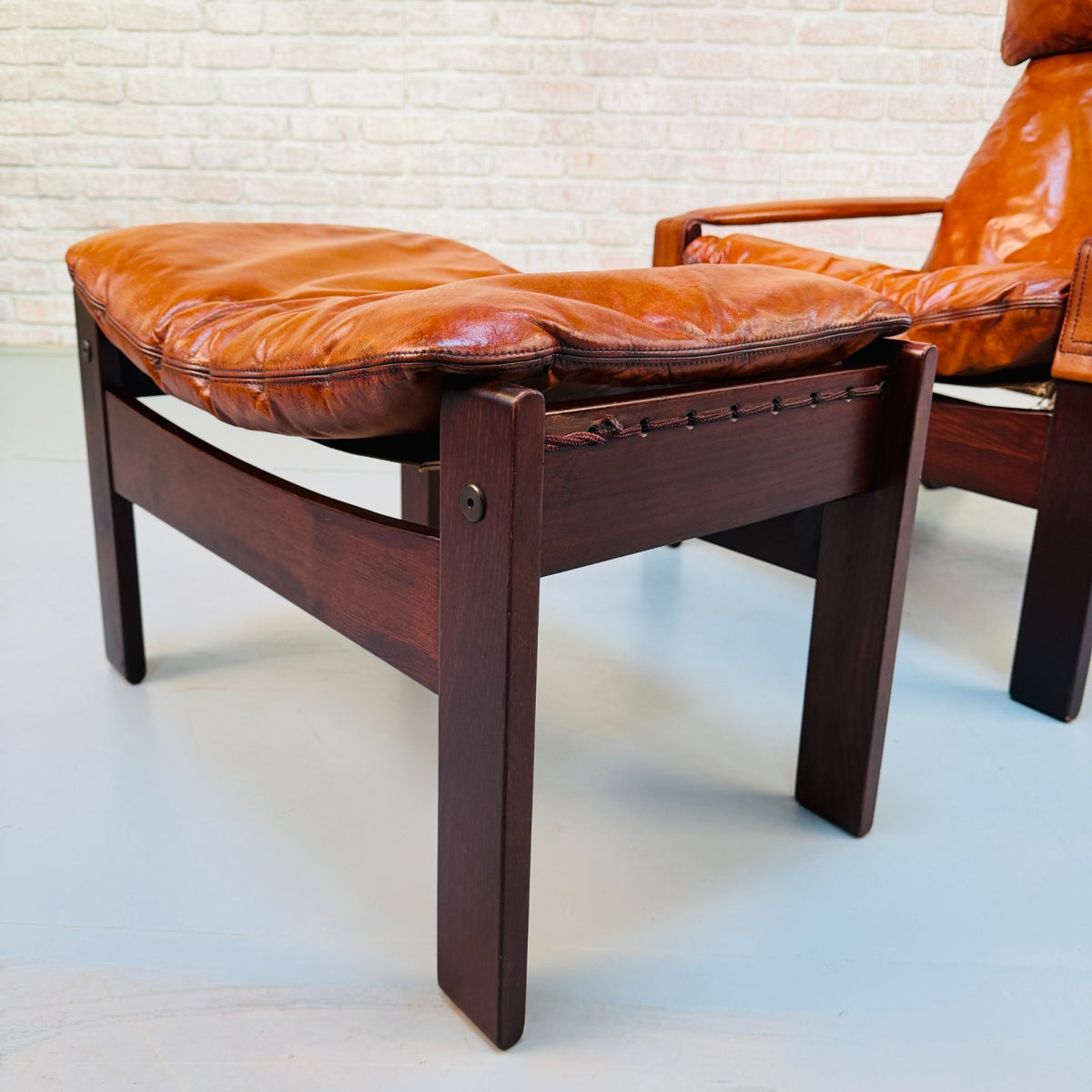 Vintage 1960s Danish Tan Leather Reclining High Back Armchair & Footstool