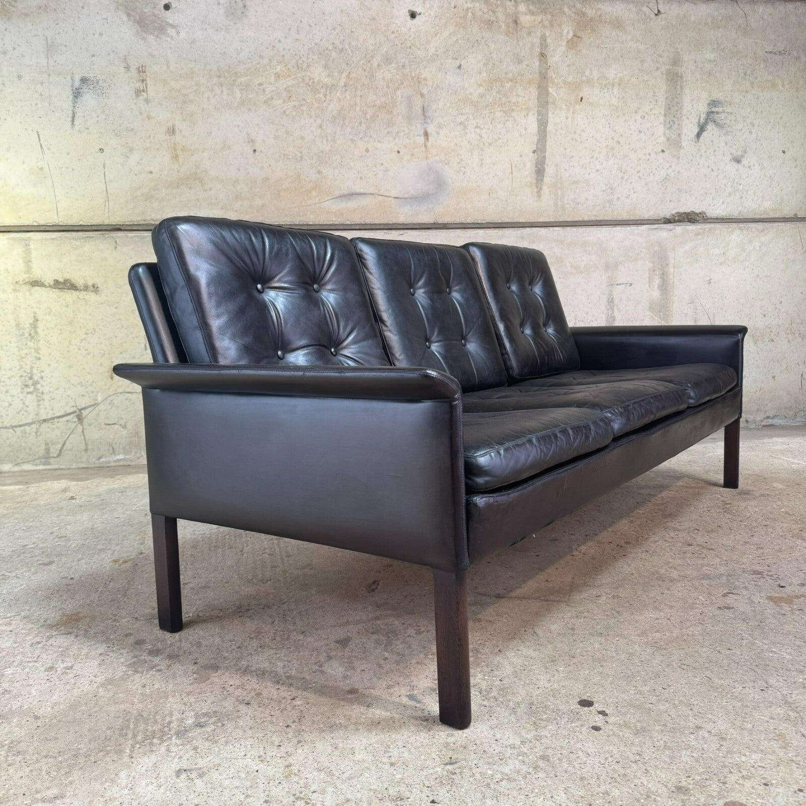Danish 1970s Black Leather Three-Seater Sofa by Hans Olsen – Sleek Design