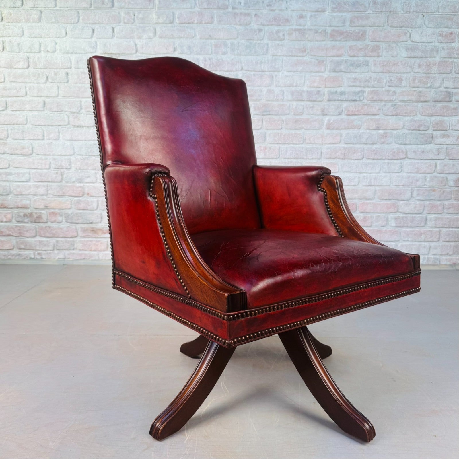 English Vintage Deep Red Leather Swivel Office Desk Chair