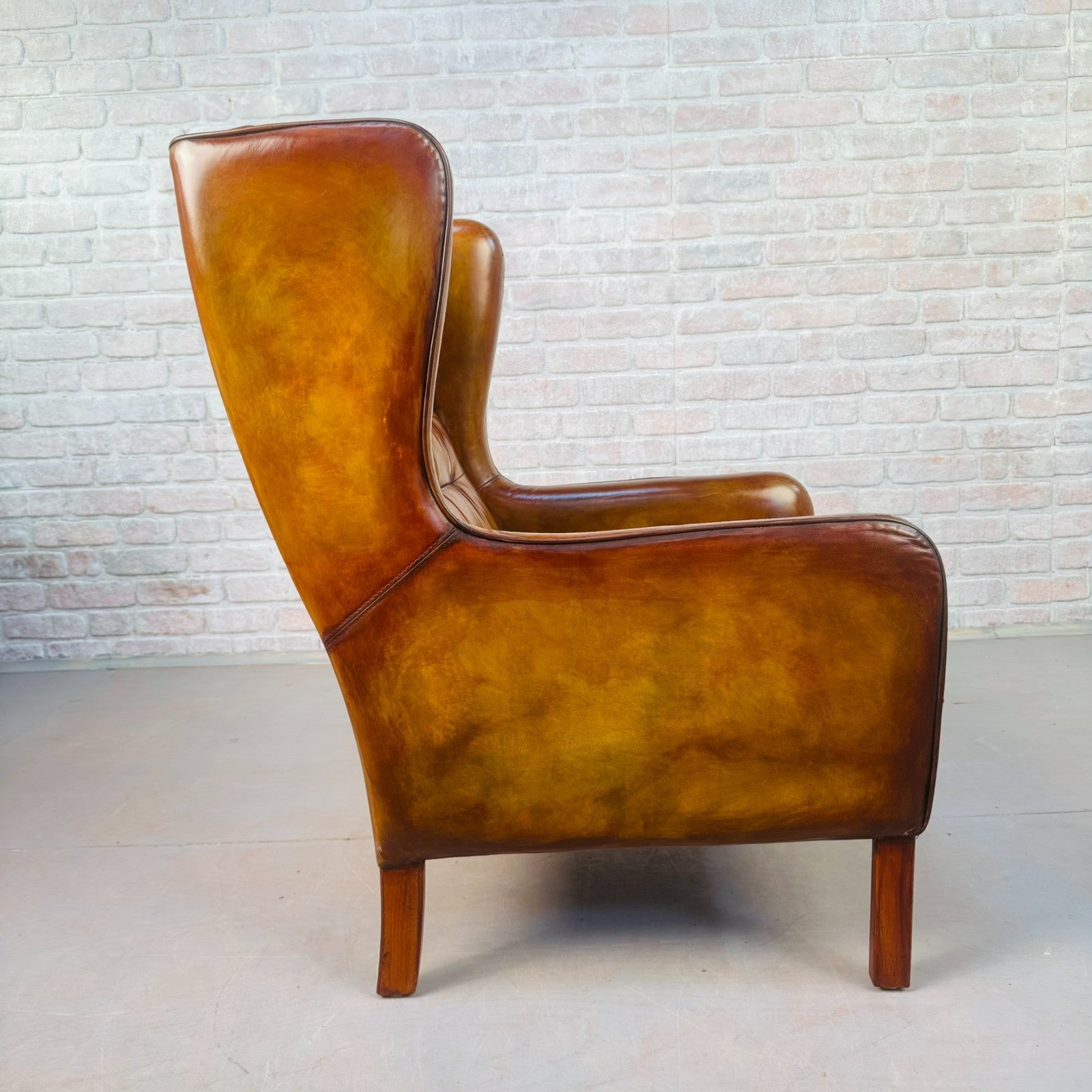 Vintage Danish High Back Light Tan Leather Armchair Mid Century Lounge Chair
