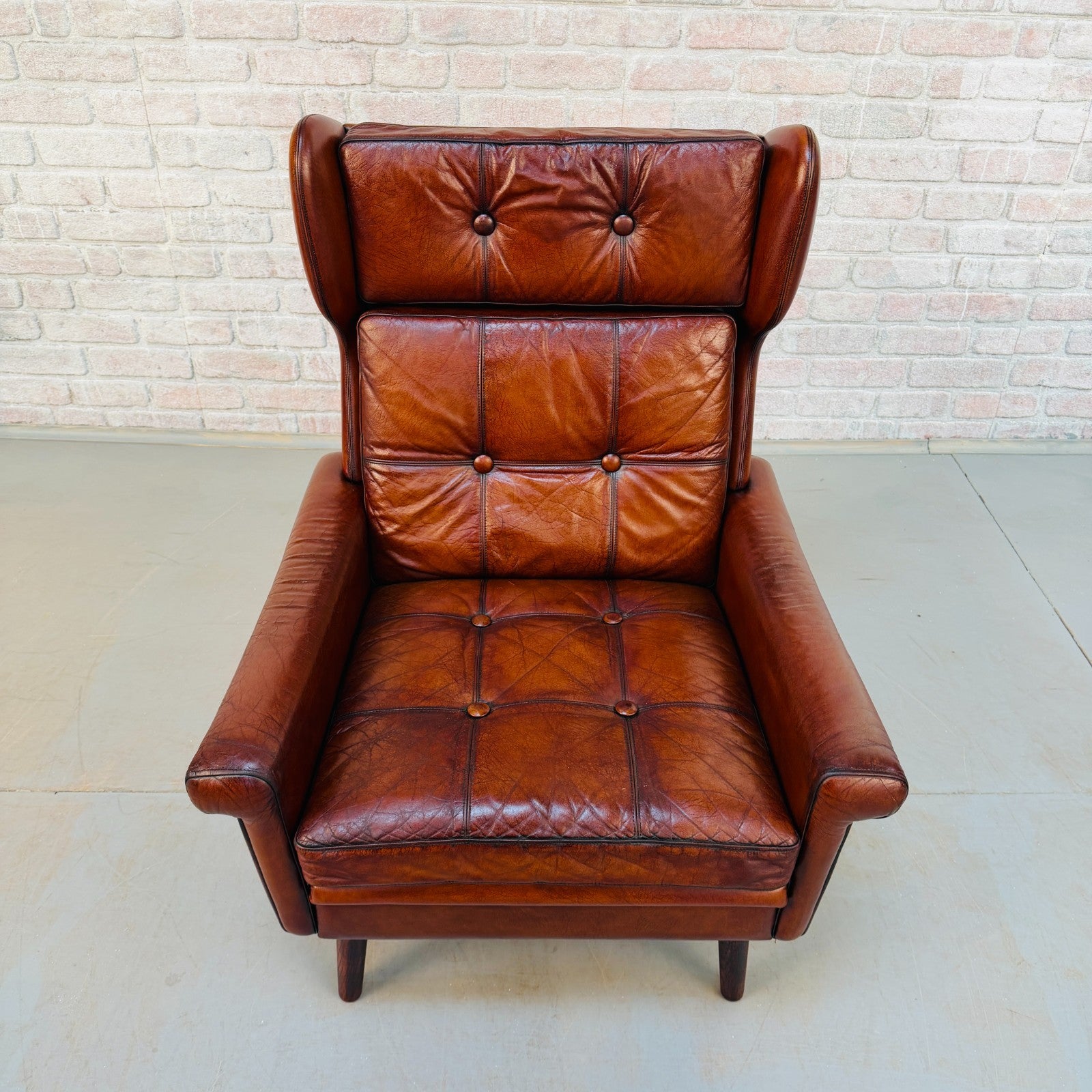 Vintage Danish Svend Skipper Tan Hand-Dyed Leather High Back Chair