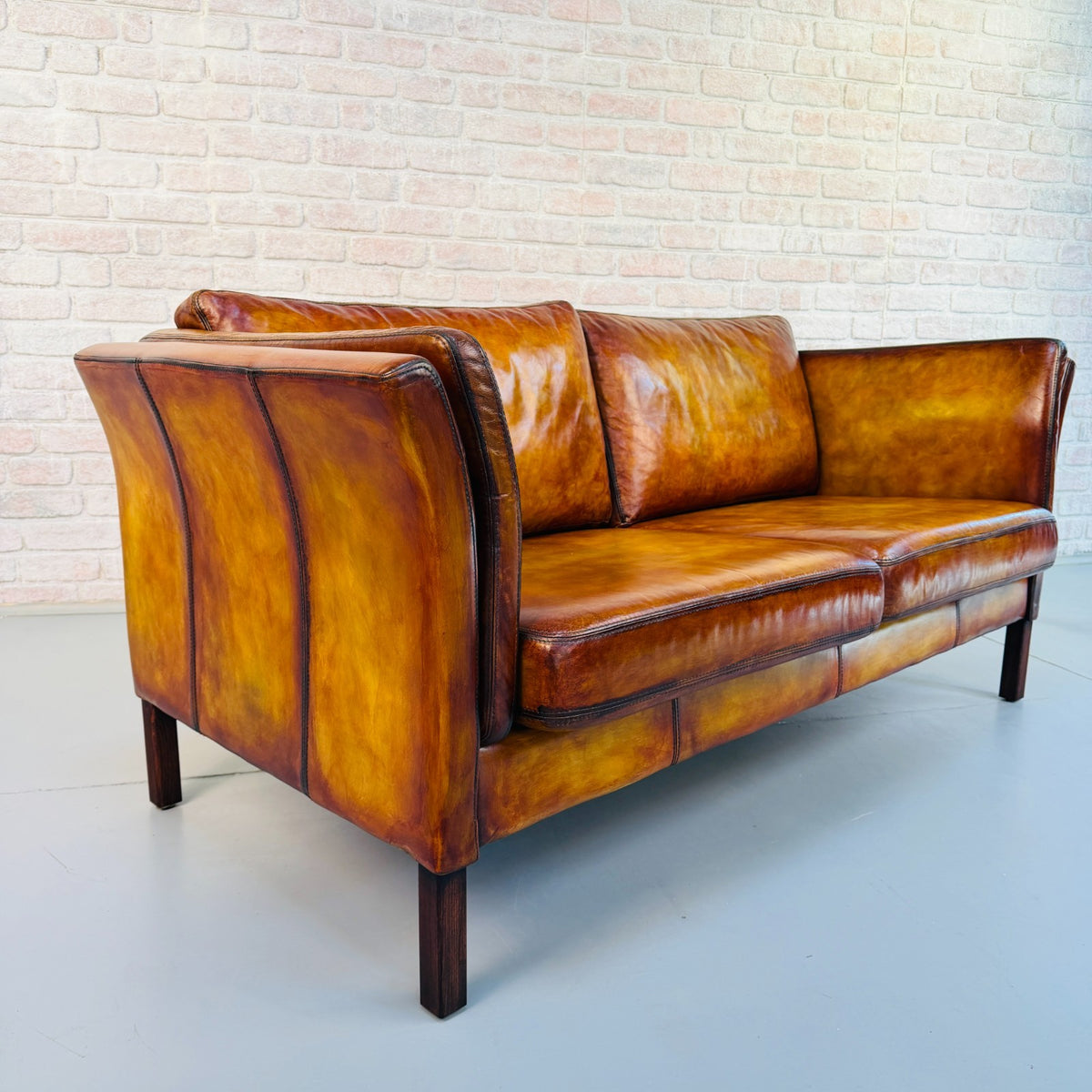Vintage Danish Hand Dyed Tan Leather 2.5 Seater Sofa Mid Century