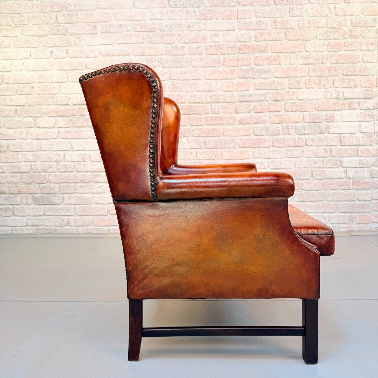 Vintage Danish Cognac Leather Wingback Armchair Hand Dyed Patina Chair