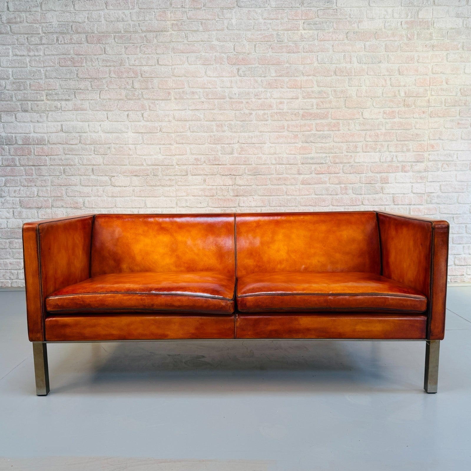Long Vintage Danish Mogens Hansen Two Seater Light Tan Leather Sofa