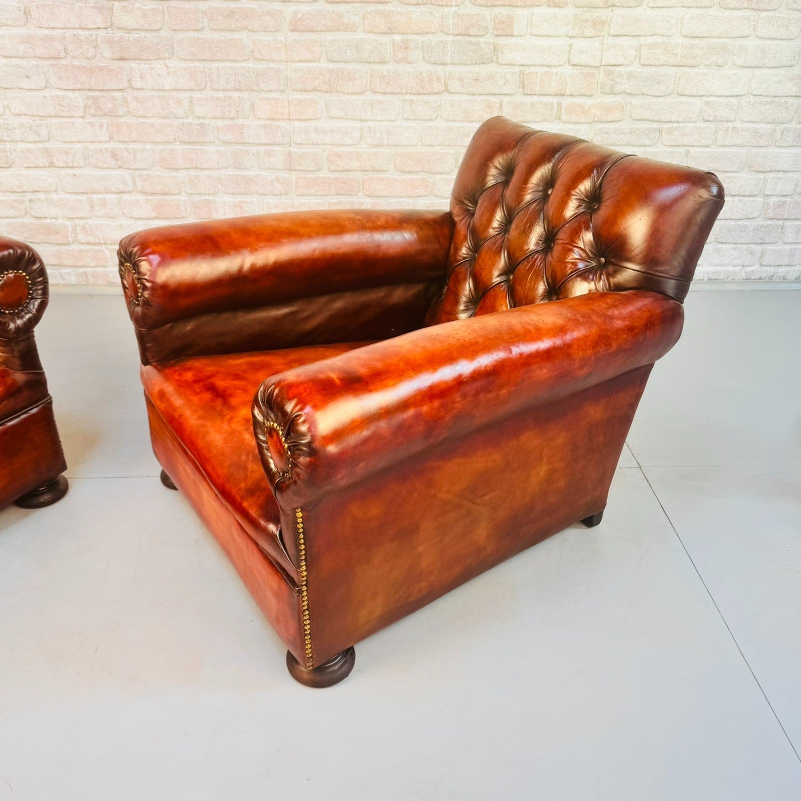 Pair 1920s English Cognac Leather Club Chairs Deep Seated Armchairs