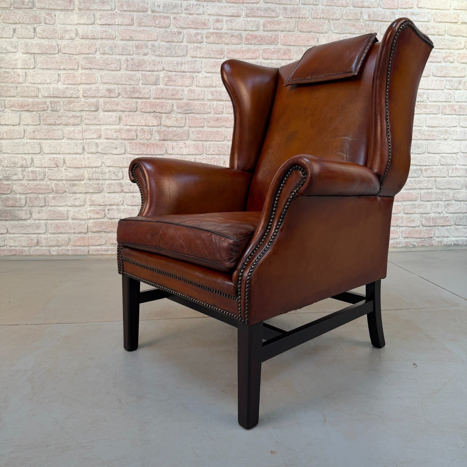 Vintage Danish Dark Tan Hand-Dyed Leather Wingback Chair & Matching Footstool