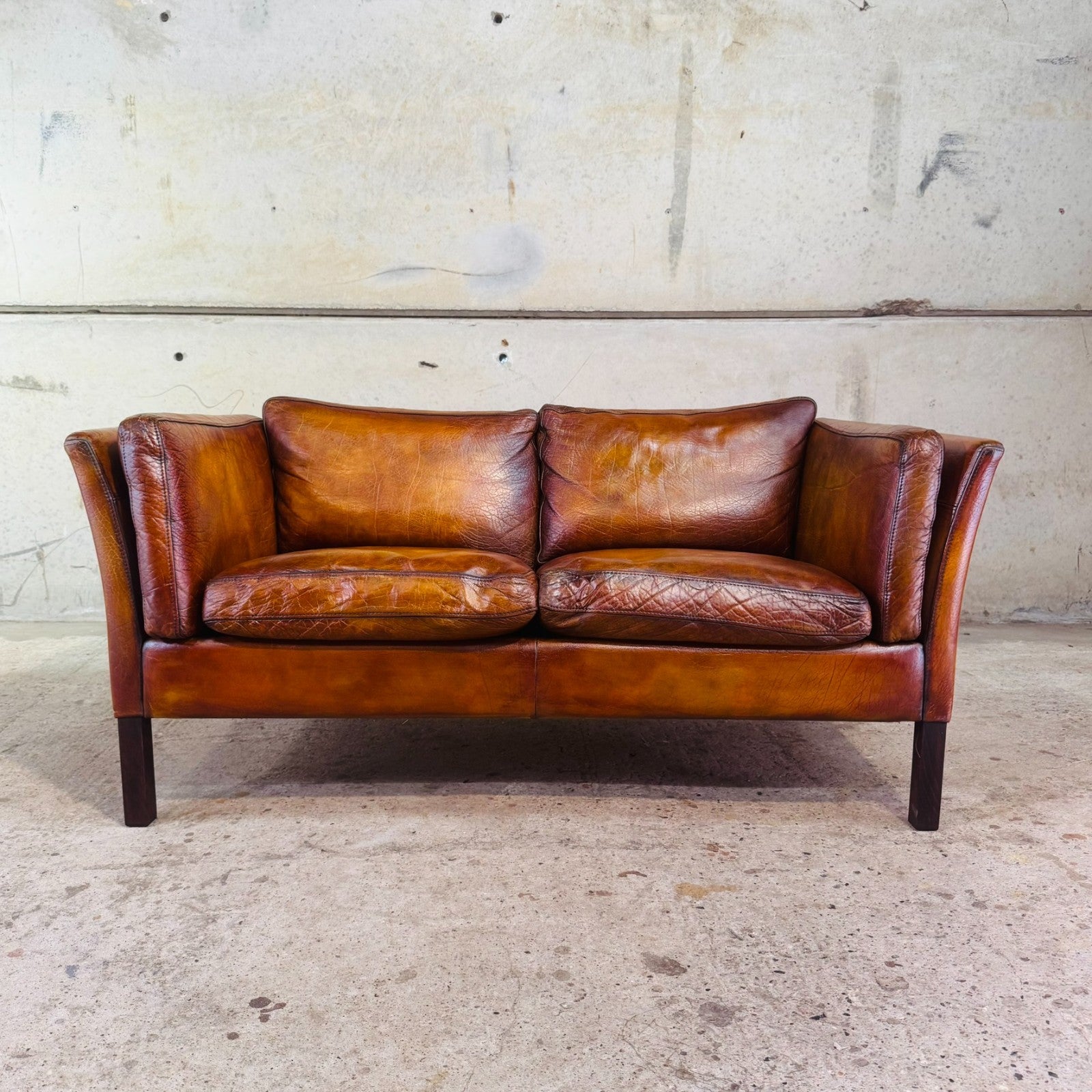 Vintage 1970s Danish Tan Leather Two-Seater Sofa