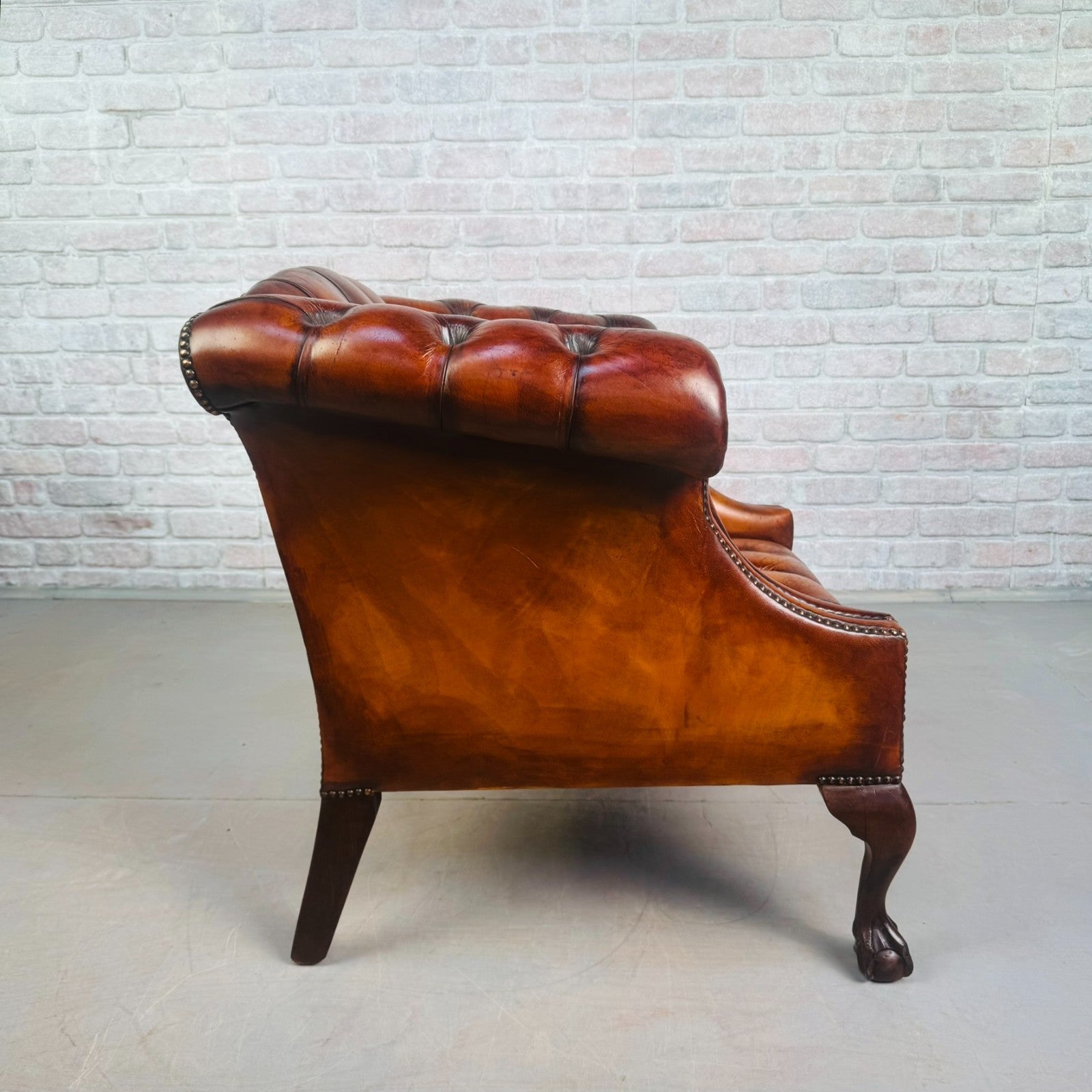 Vintage English Chesterfield Tan Leather Armchair Ball & Claw Mahogany Chair