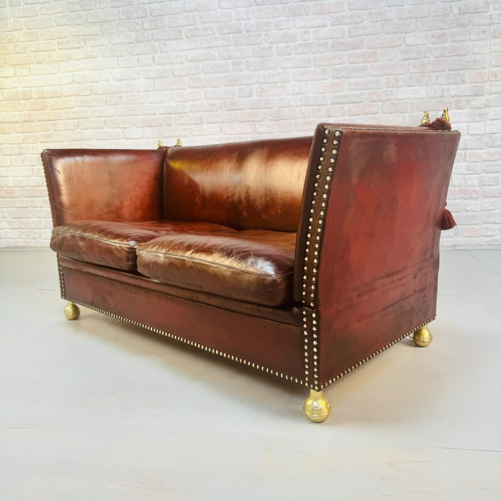 Vintage Danish Knole Style Two Seater Chestnut Brown Leather Sofa