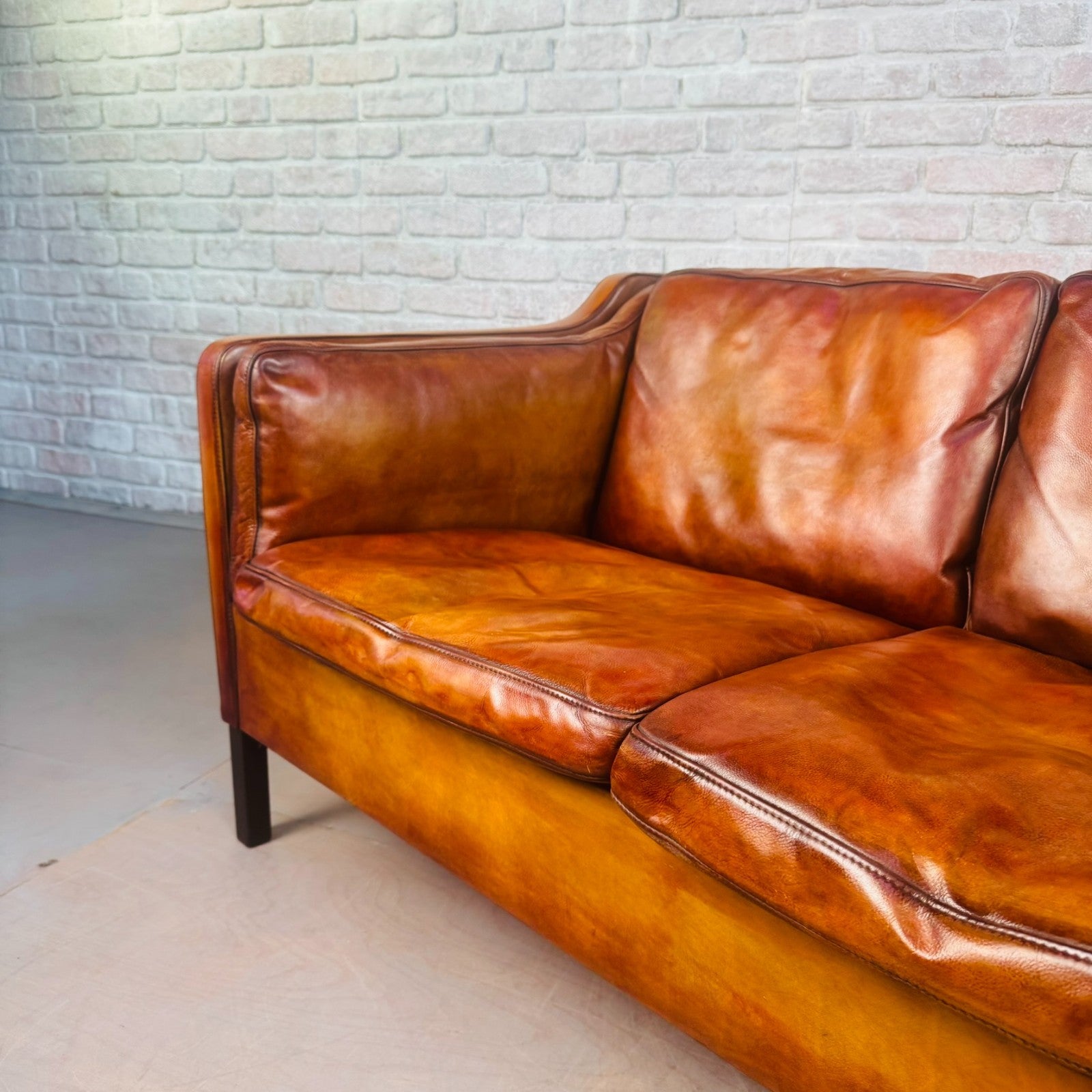 Vintage Danish Tan Leather Two-Seater Sofa 1970s Mid Century Hand Dyed