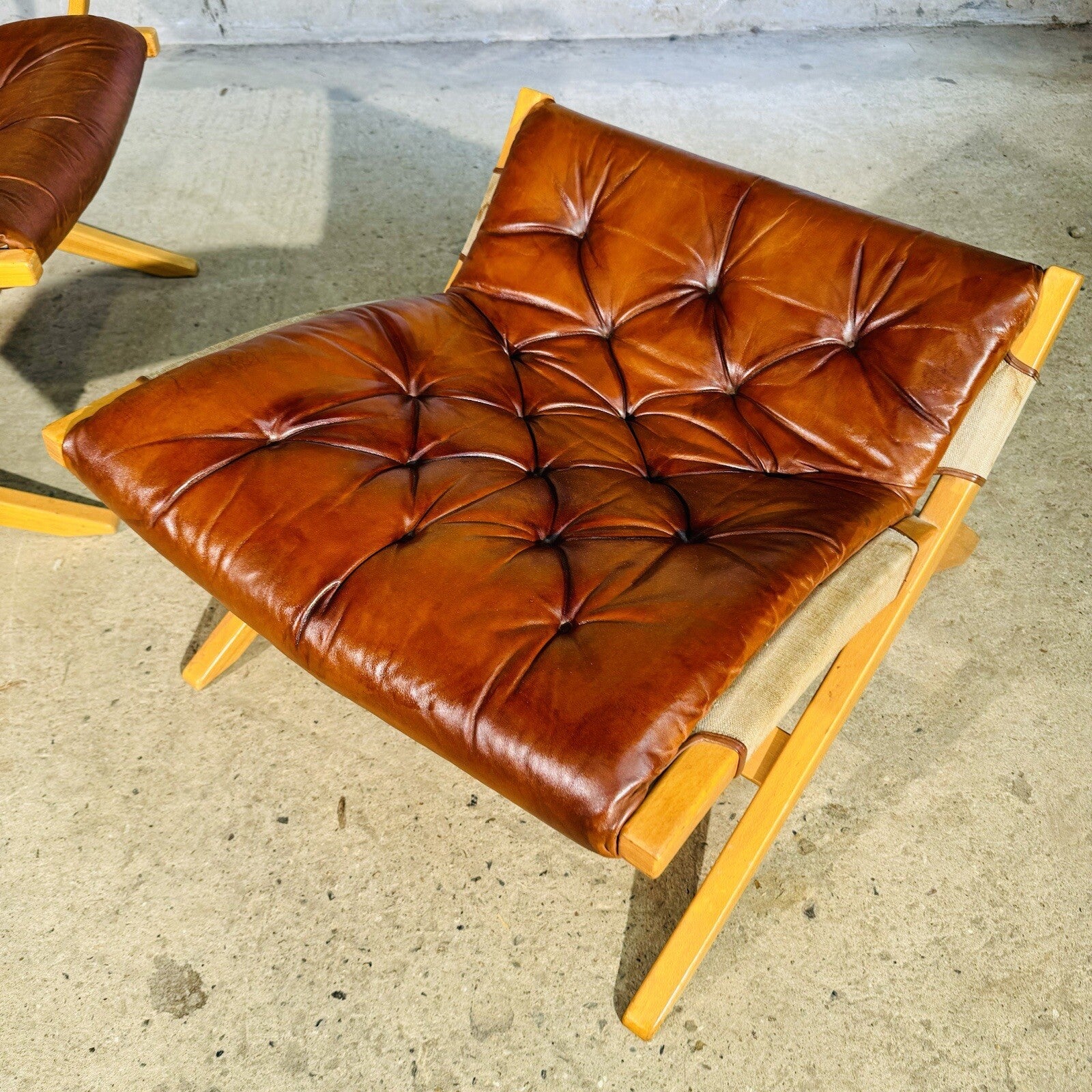 Stylish Swedish 1970s Tan Leather And Canvas Armchair and Footstool