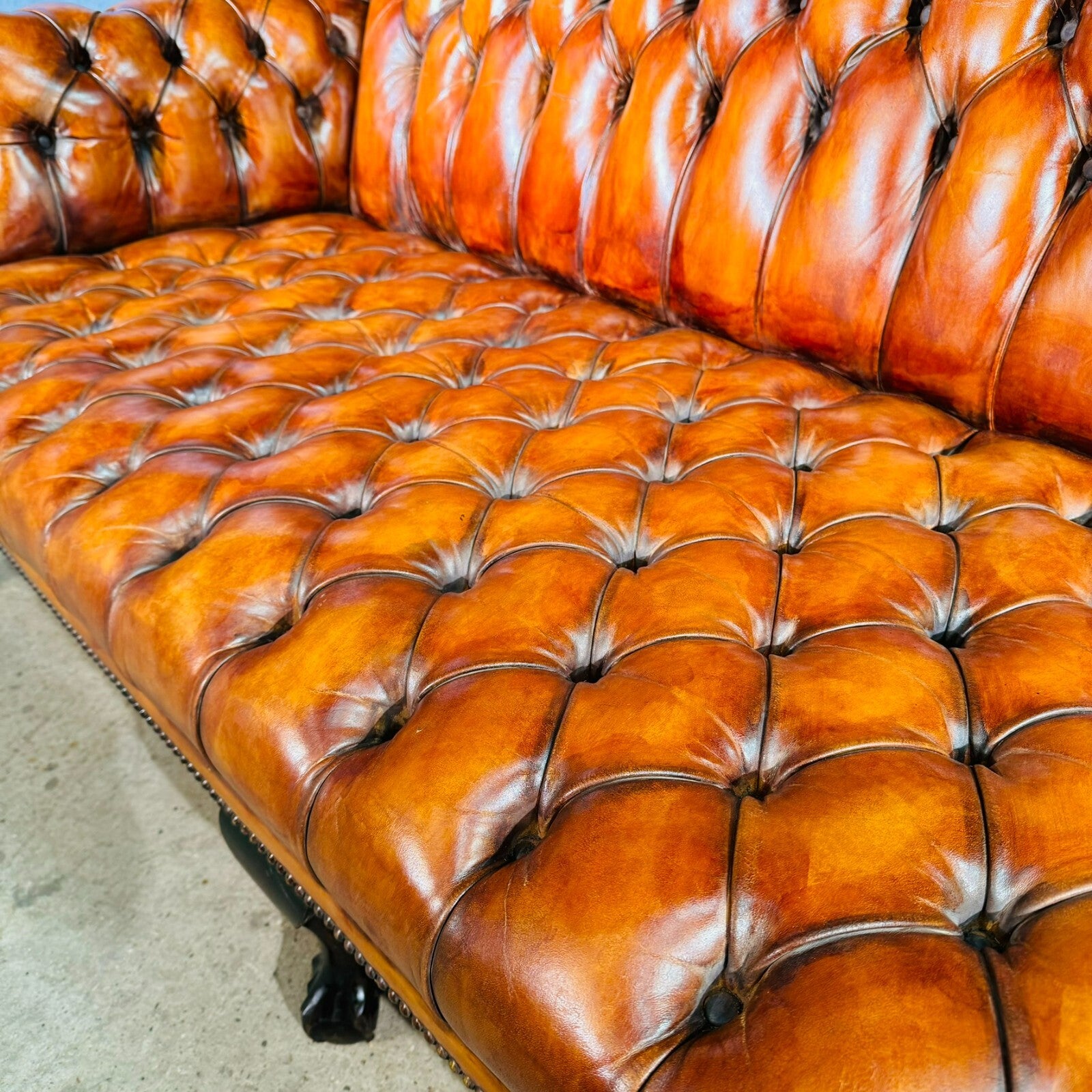 Beautiful Three Seater 19th C Tan Leather Chesterfield Sofa Fully Buttoned
