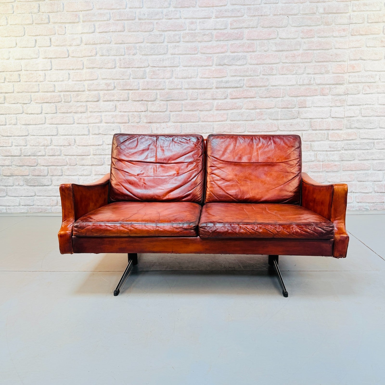 Vintage 1970s Danish Cognac Hand-Dyed Leather Two Seater Sofa