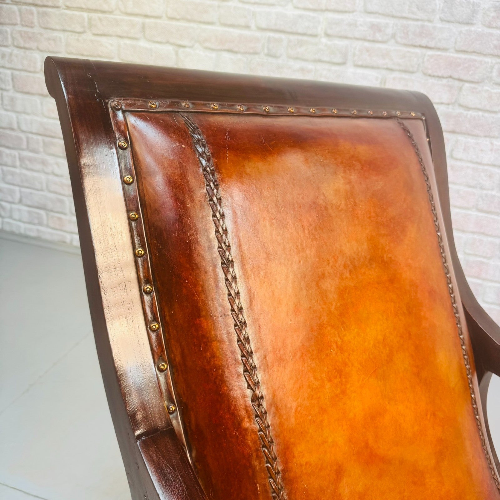 Vintage Danish Pair of Tan Leather Slipper Lounge Armchairs Mahogany Frame 1970s