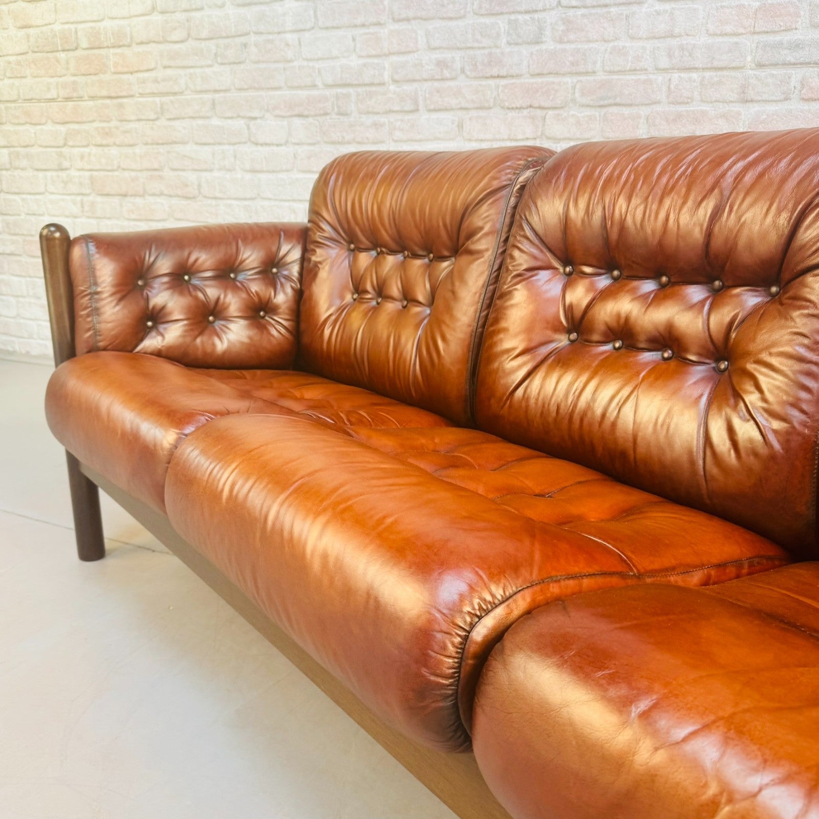 Vintage 1970s Swedish Tan Leather Three Seater Sofa