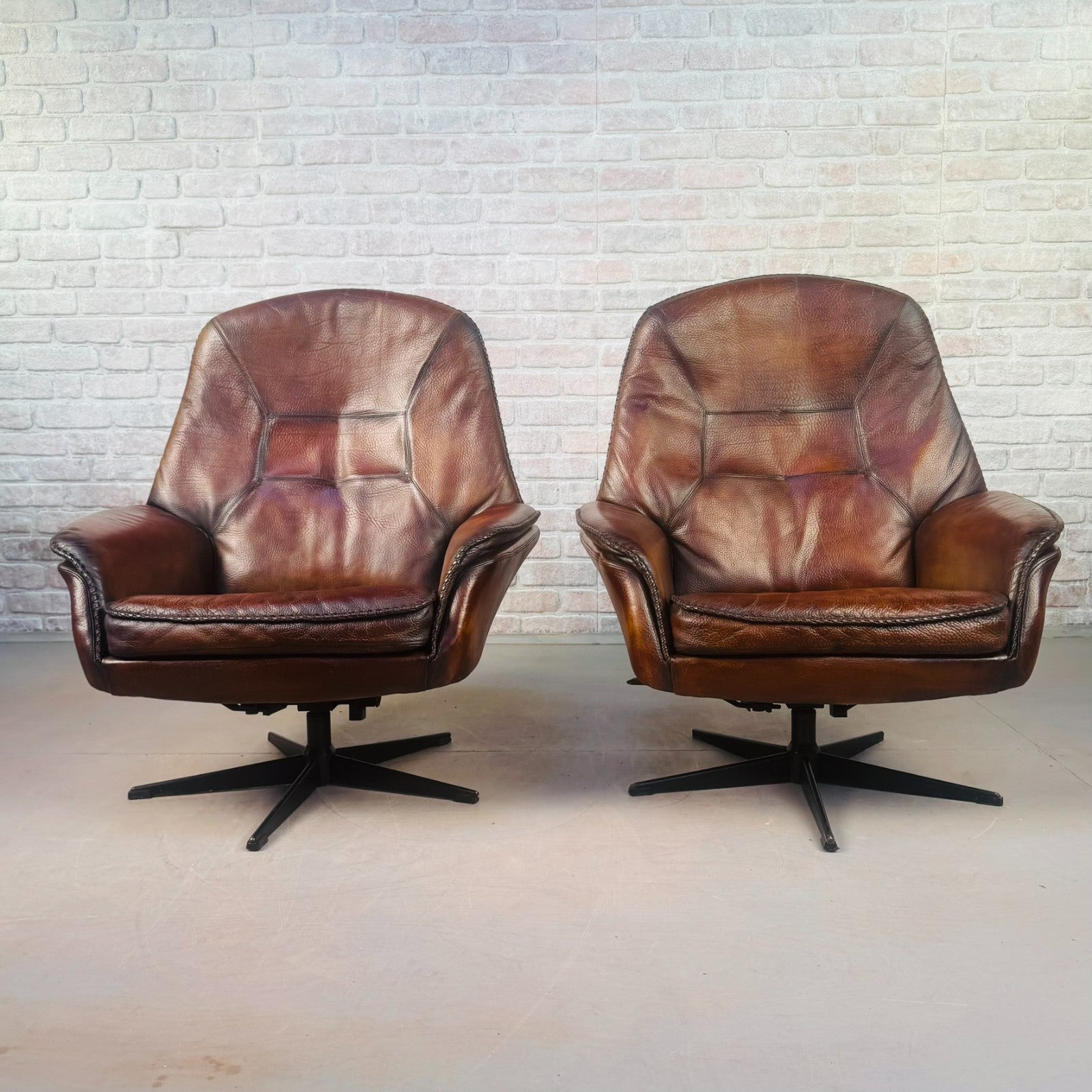 Vintage Pair 1970s Danish Berg Mobler Brown Leather Swivel Chairs Mid Century