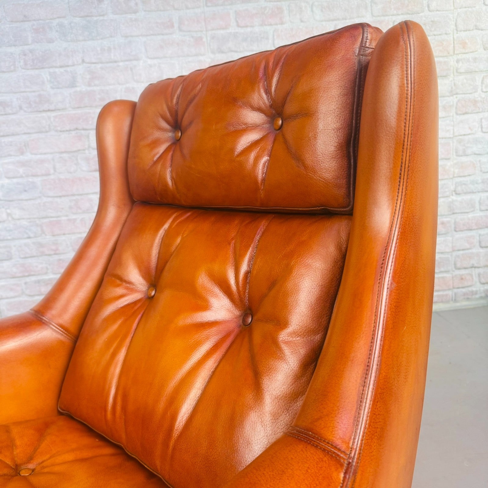 Vintage 1970s Danish Cognac Leather Egg Swivel Chair by Eran