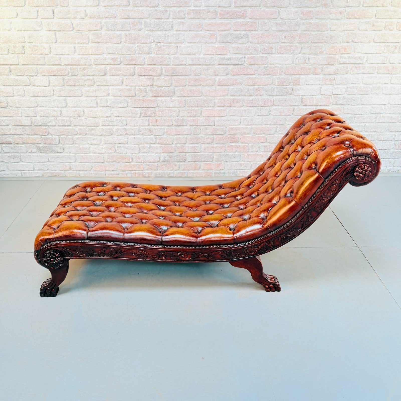 Decorative Chesterfield Style Tan Hand-Dyed Leather Chaise Lounge