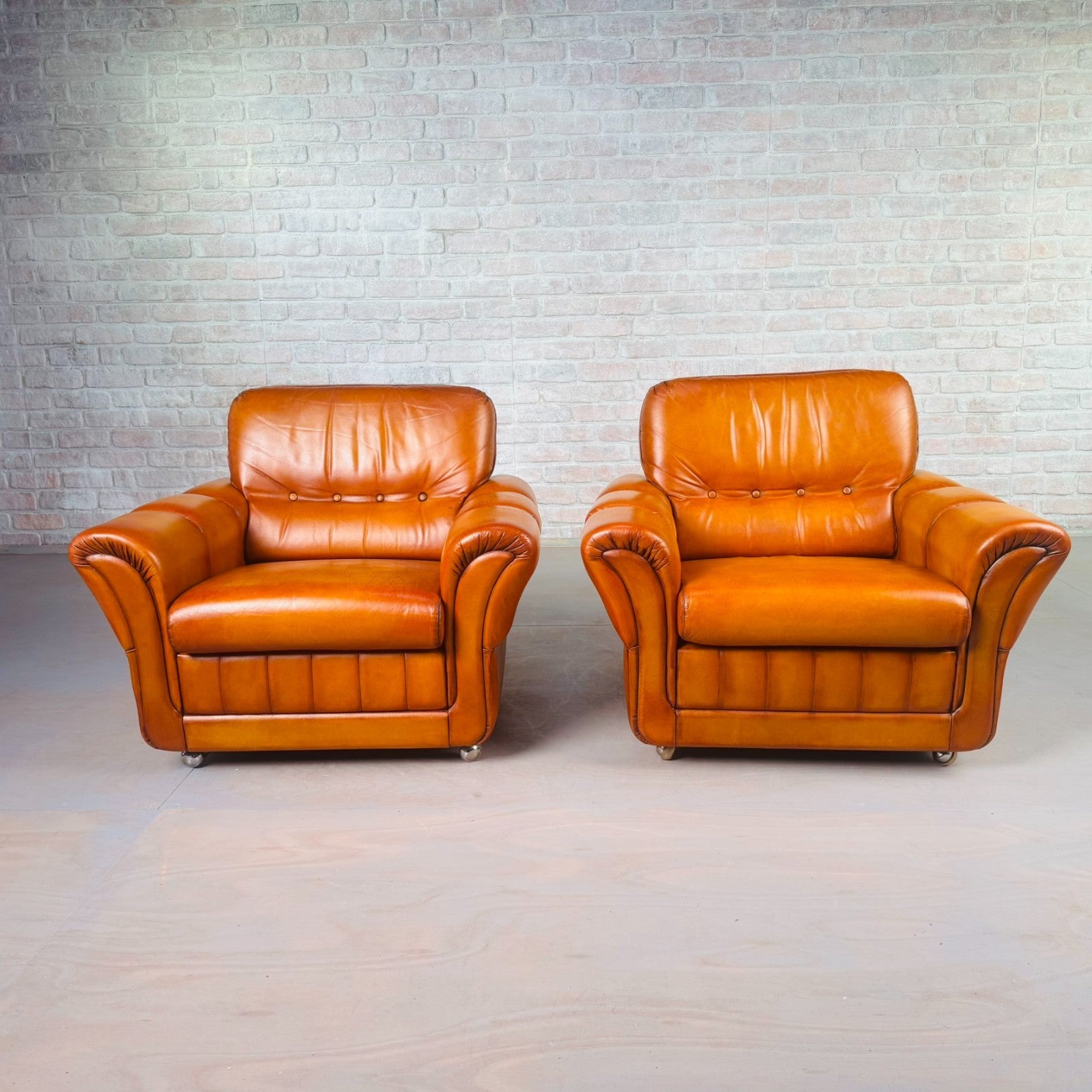 Pair of Vintage Danish Cognac Leather Armchairs – Hand-Dyed Patina