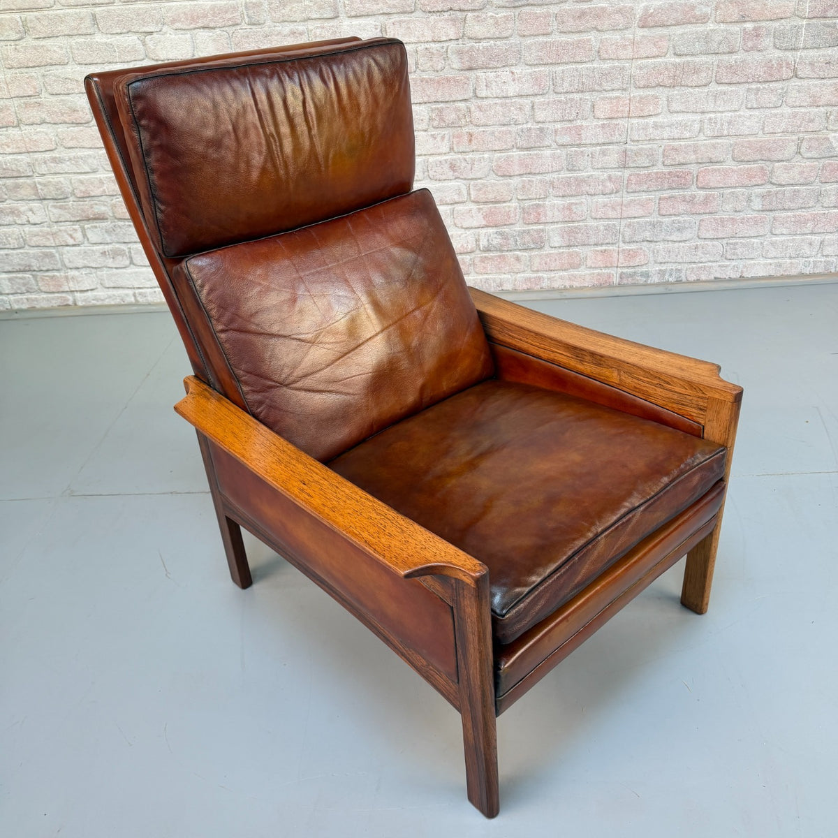 Vintage 1970s Danish Tan Leather High Back Armchair – RoseWood Frame