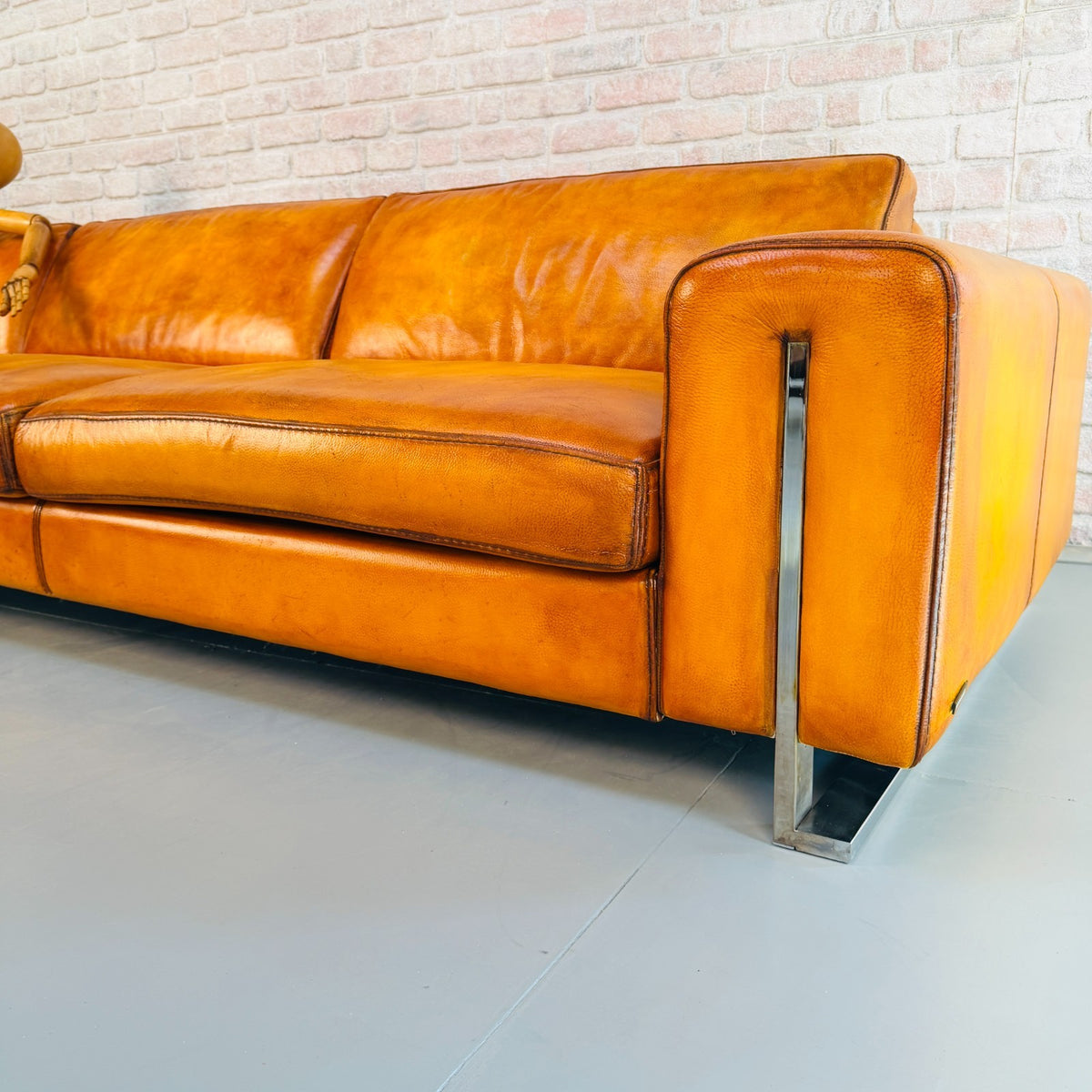 Roche Bobois Hand Dyed Cognac Leather Light Tan Corner Sofa Chaise