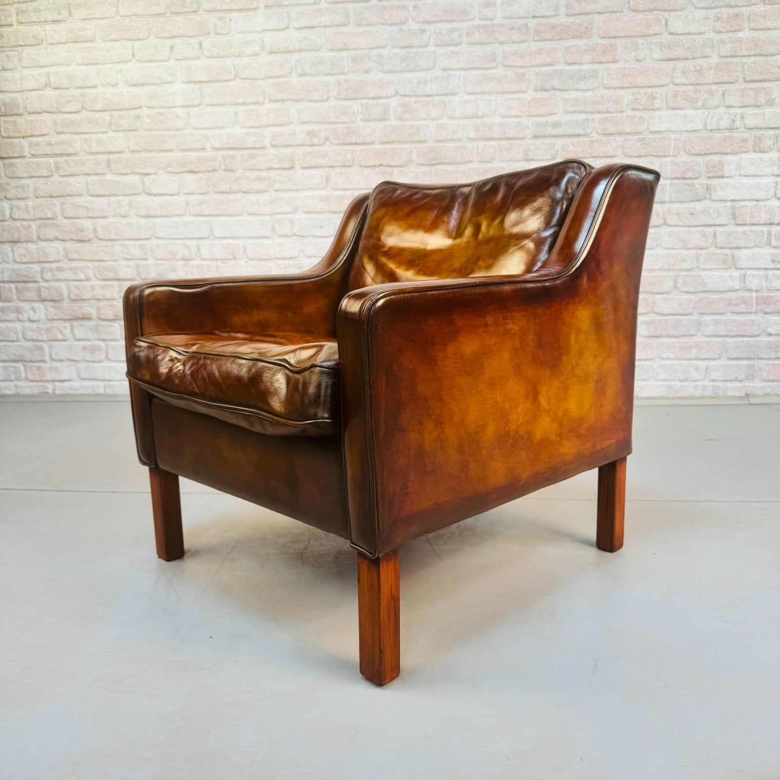 Vintage Danish Børge Mogensen Style Tan Leather Armchair & Footstool