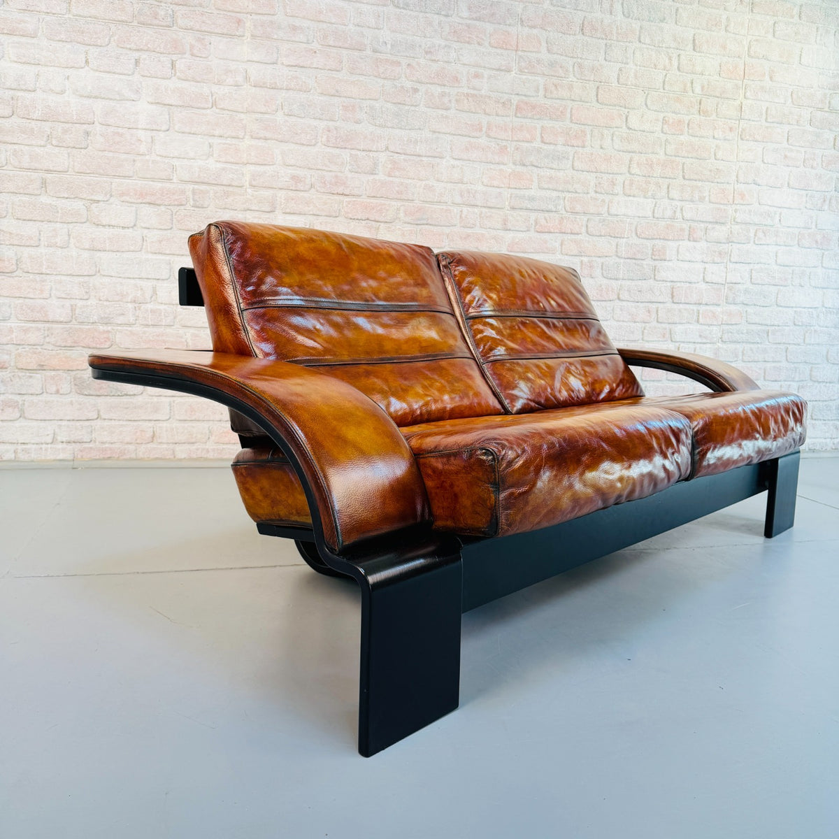 Vintage Ake Fribytter Kroken Tan Leather 2 Seater Sofa Nelo Sweden