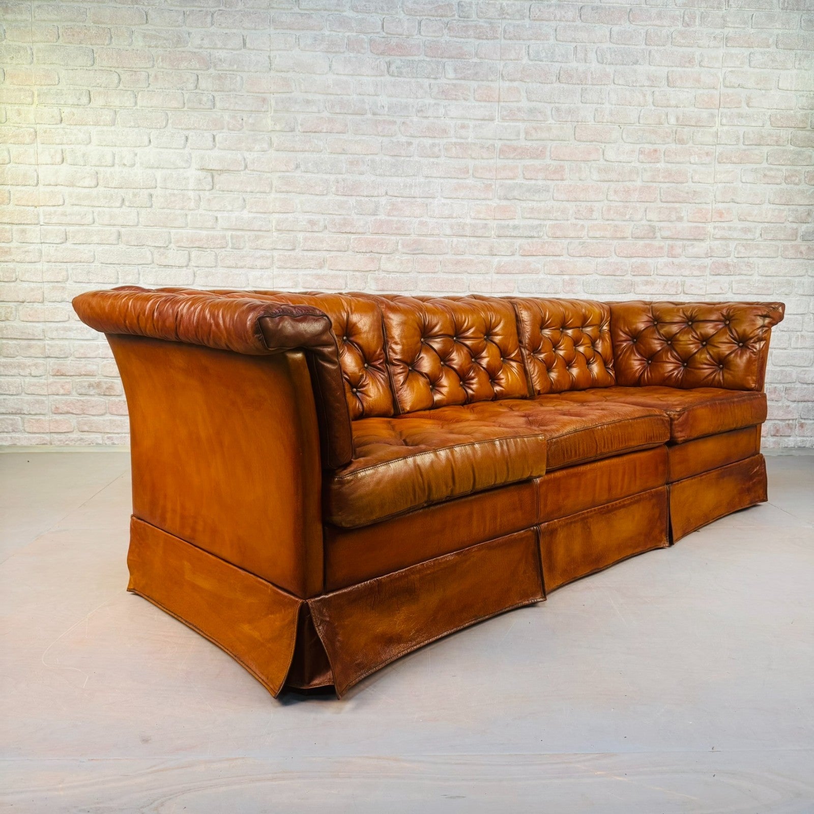 Vintage Danish Tan Leather Three Seater Sofa Fully Buttoned