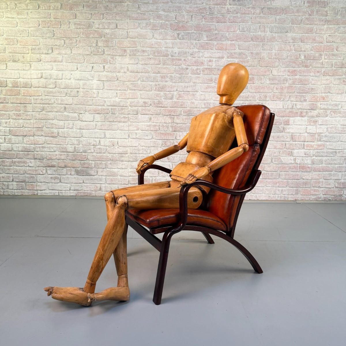 Vintage Danish Stouby Cognac Tan Leather Lounge Armchair Bentwood Beech Frame
