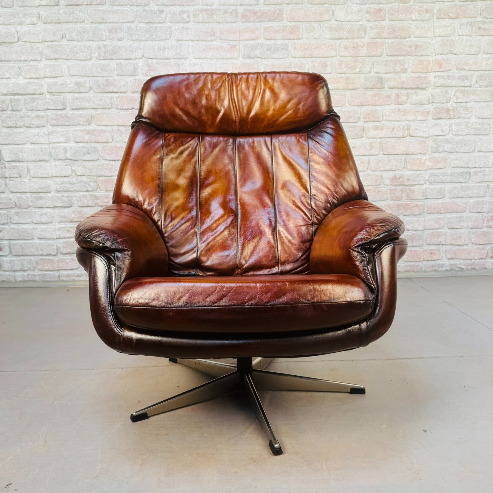 Vintage Danish Tan Leather Swivel Chair