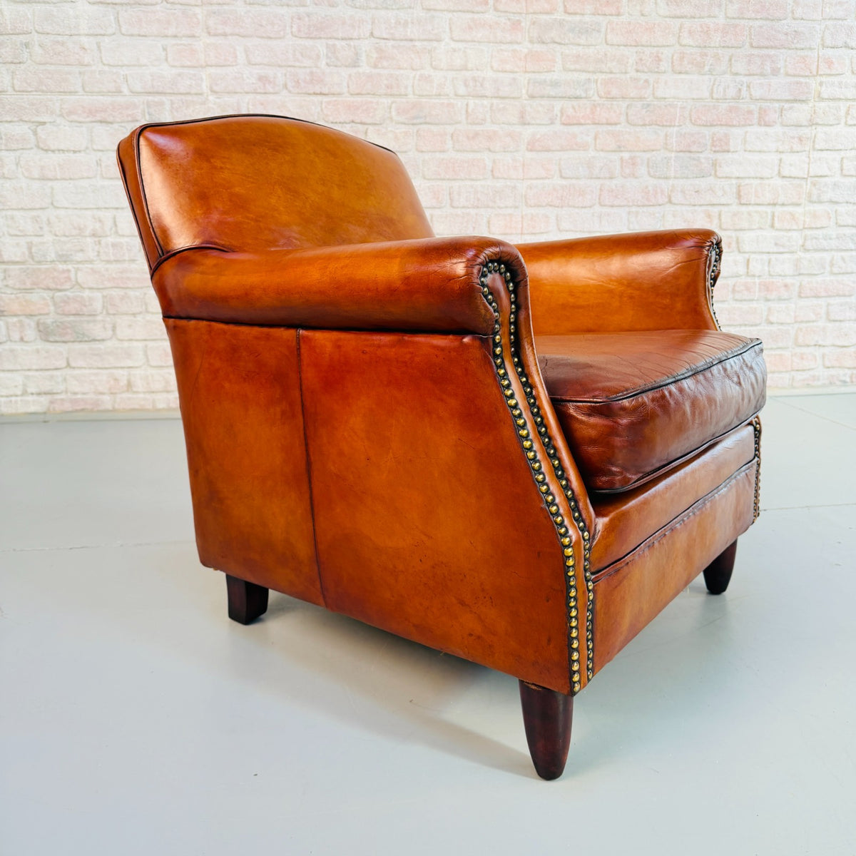 Vintage English Club Cognac Leather 2 Seater Sofa & Armchair Suite