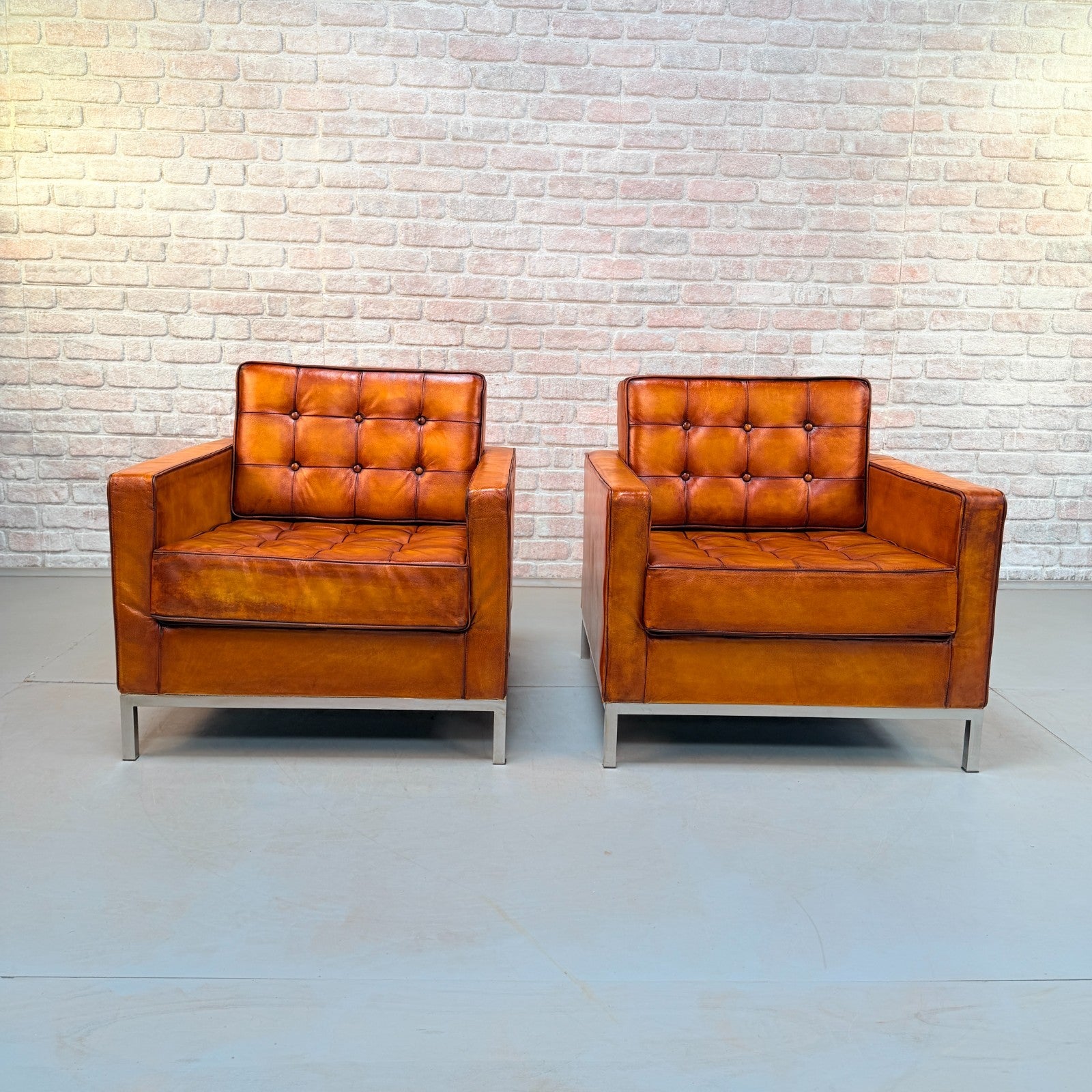 Vintage Pair of Florence Knoll Style Tan Leather Armchairs