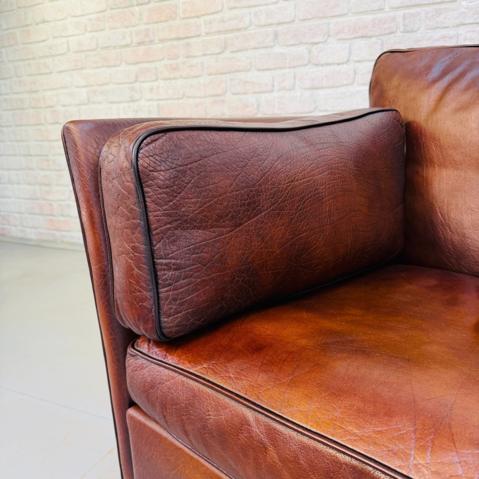 Vintage 1970s Danish Dark Tan Hand-Dyed Leather Two Seater Sofa
