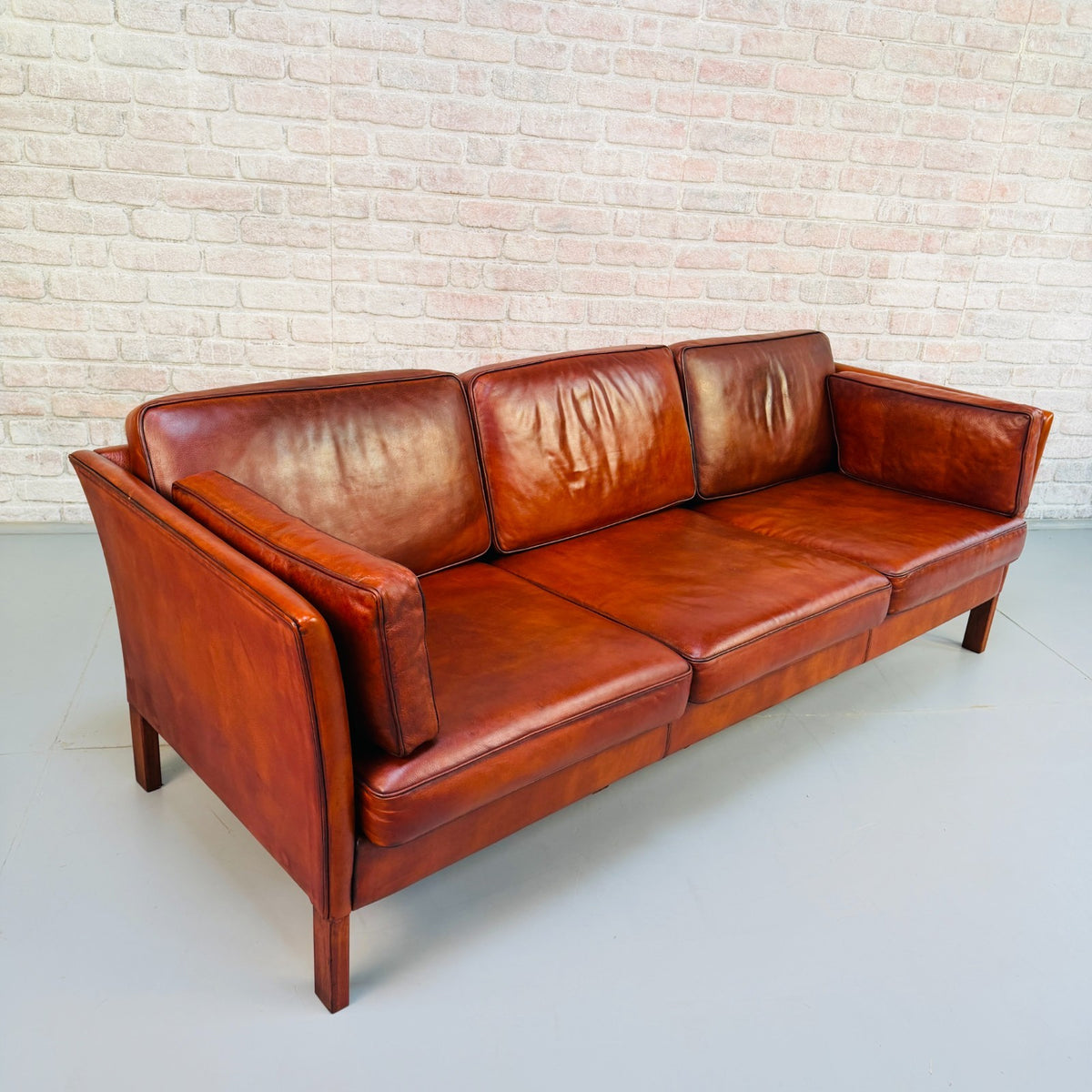 1970s Vintage Danish Tan Cognac Leather 3 Seater Sofa – Hand Dyed Patina