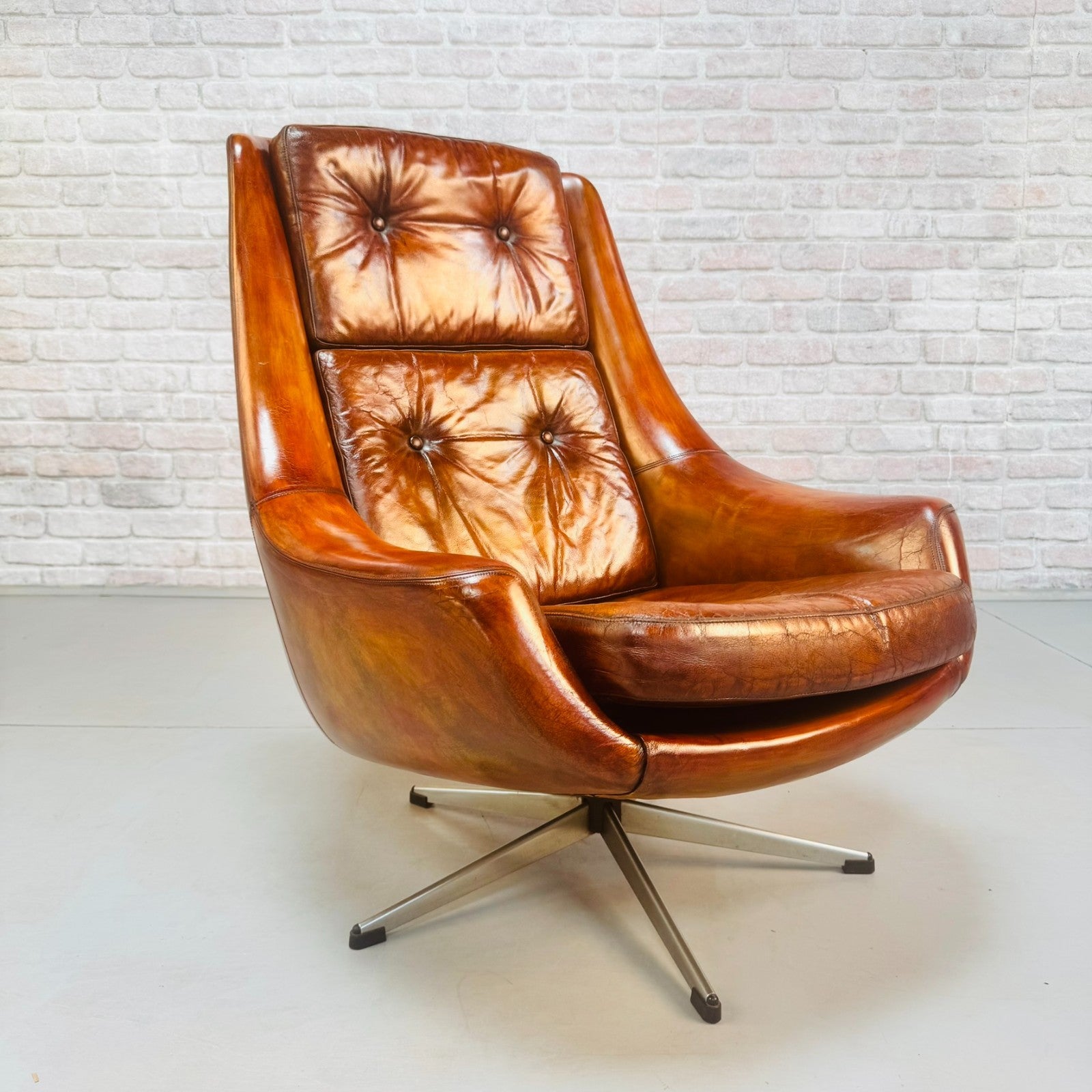 Vintage 1970s Danish Swivel Tan Leather Egg Chair Armchair