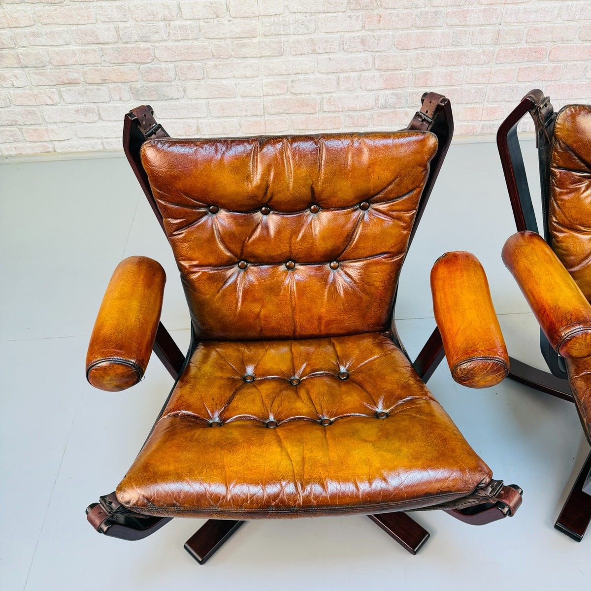 Pair Vintage 1970s Sigurd Ressel Falcon Chairs Tan Leather Norwegian Design