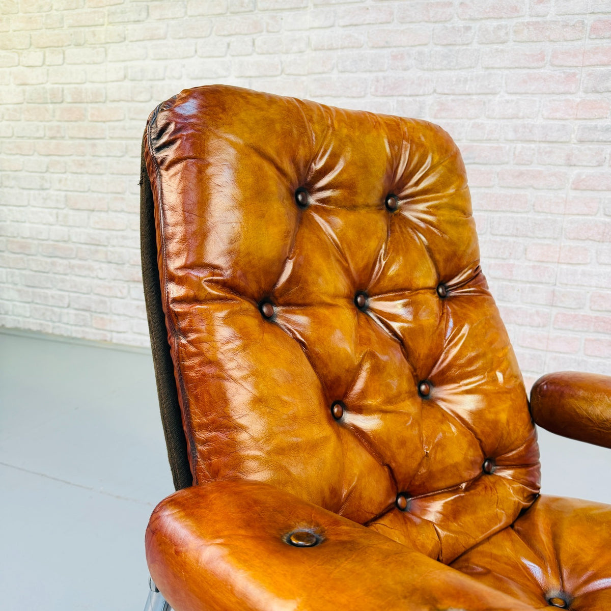 1970s Vintage Danish Tan Leather Swivel Recliner Armchair Chrome Frame