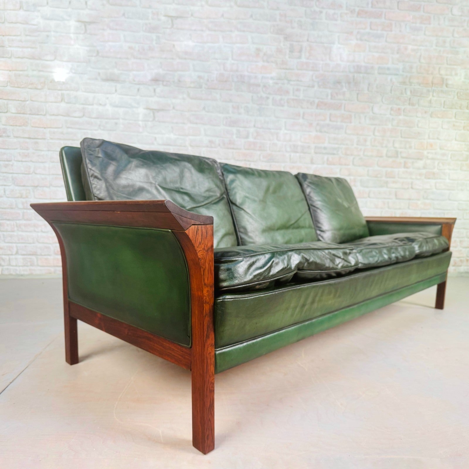 1960s Danish Green Leather Three-Seater Sofa & His & Hers Armchairs Golstrup
