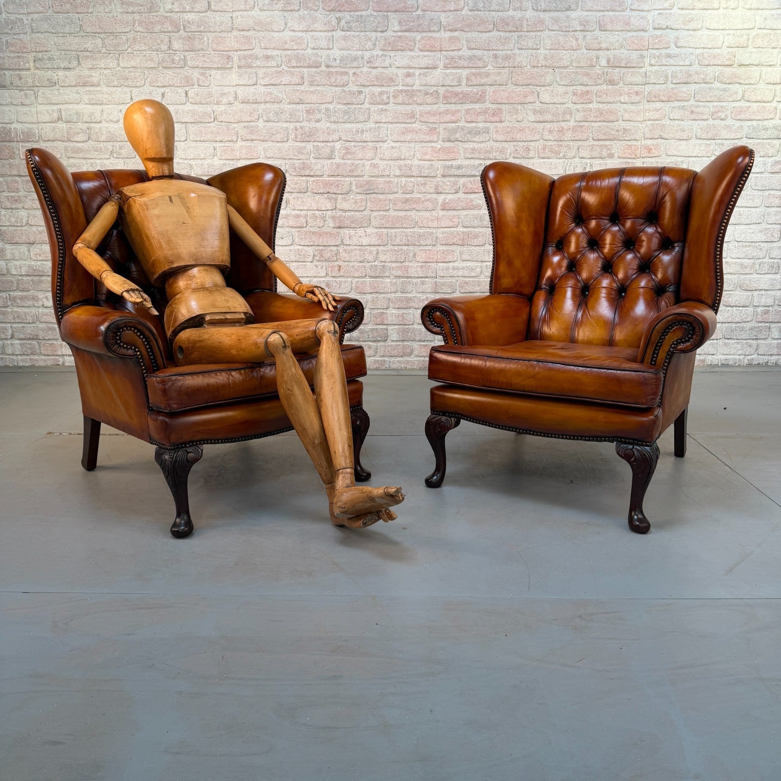 Pair of Vintage English Chesterfield Tan Hand-Dyed Leather Wingback Armchairs