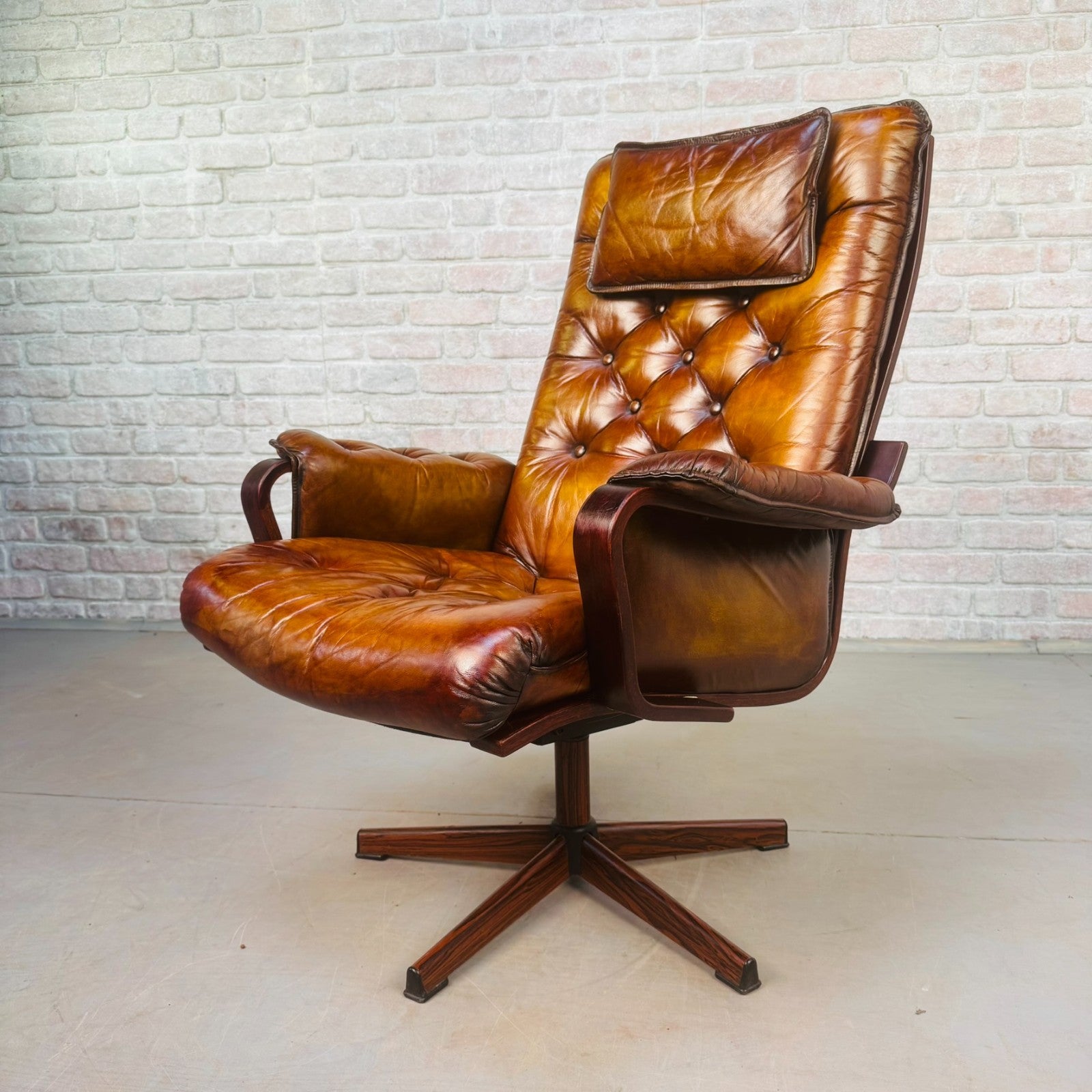 Vintage Scandinavian Tan Leather Swivel Chair