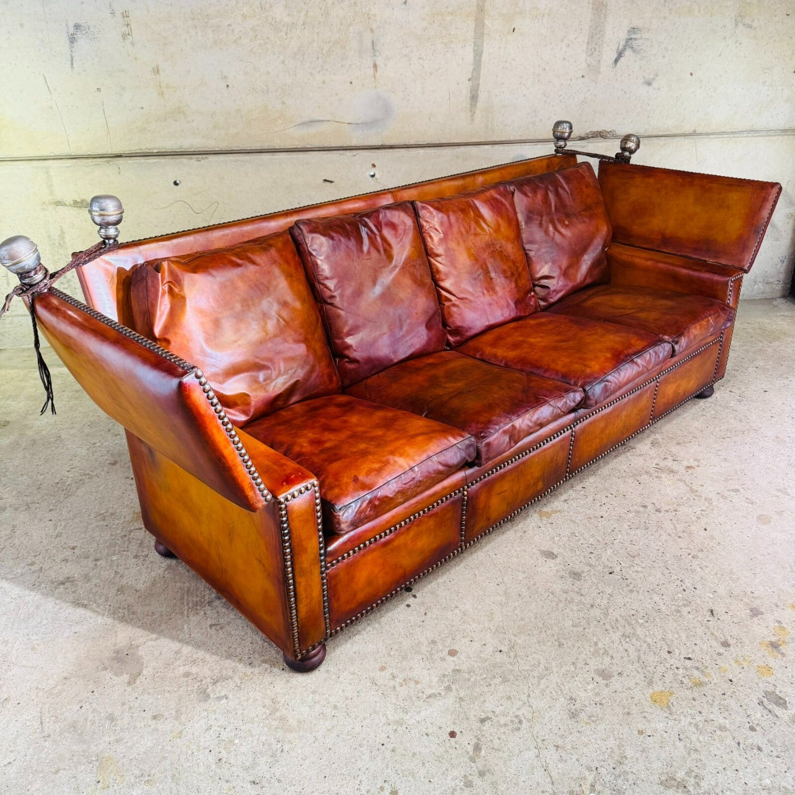 Stunning 1930s Knole Drop-End Large Four-Seater Tan Leather Sofa