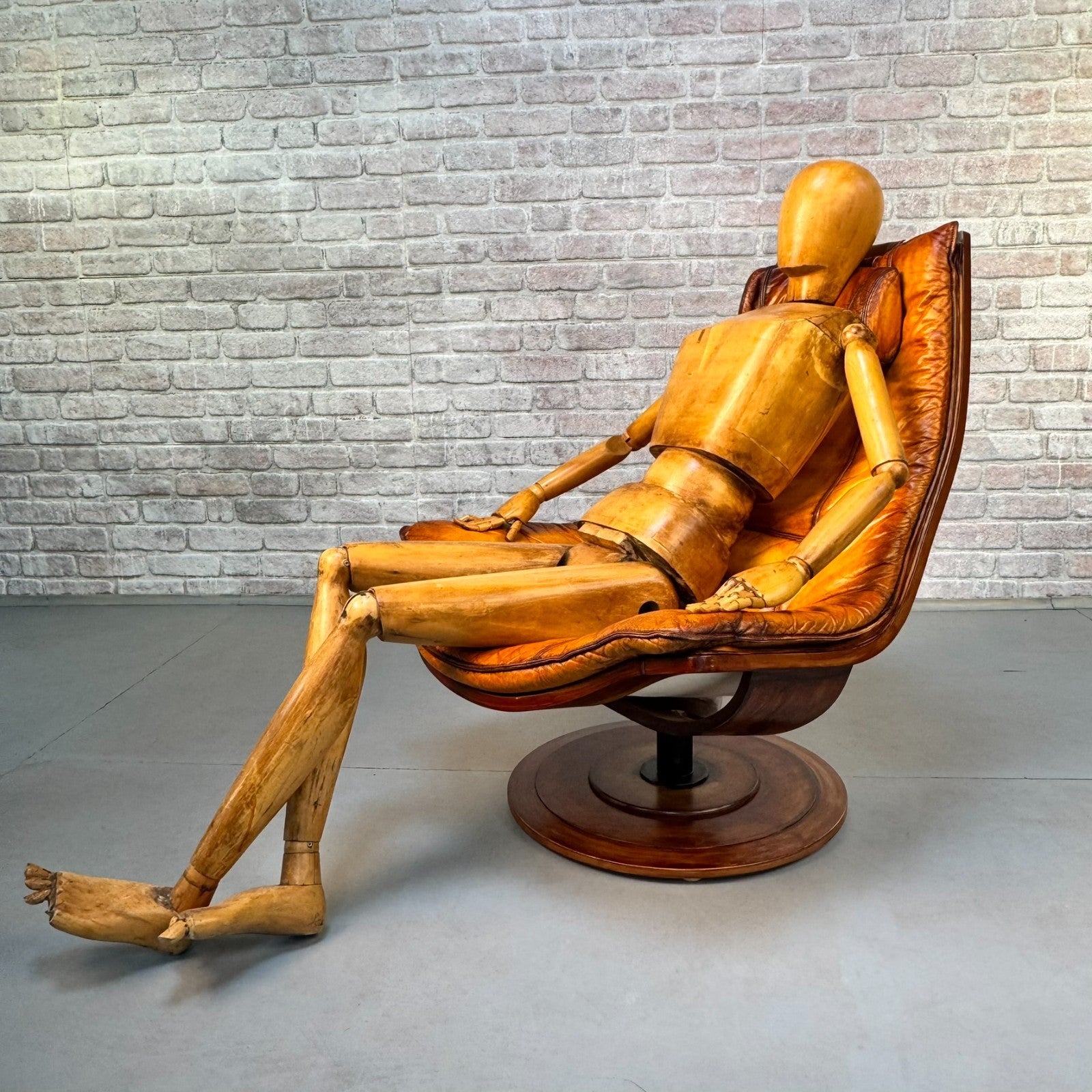 Vintage 1970s Swedish Swivel Lounge Chair | Hand Dyed Light Tan Leather