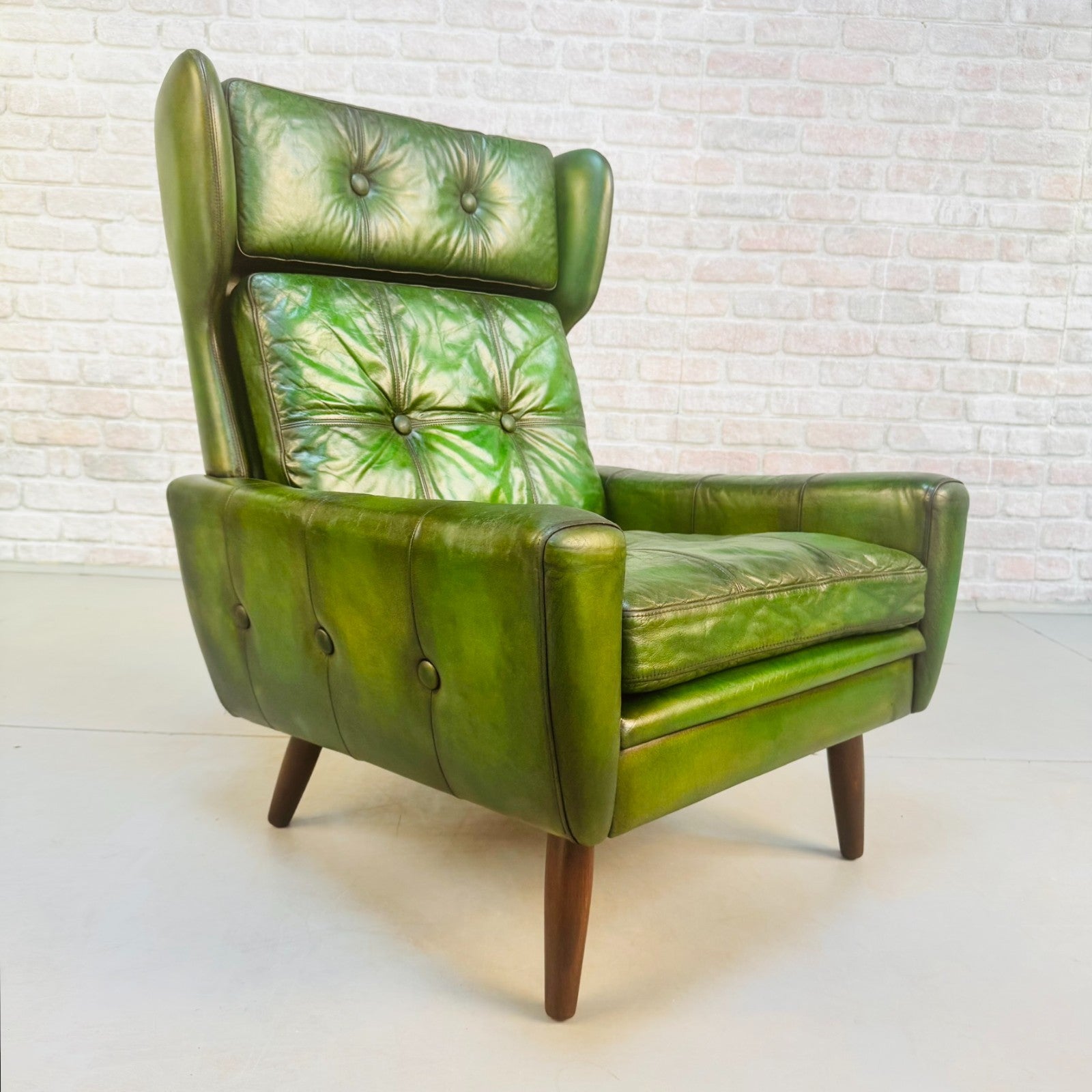 Vintage 1970s Svend Skippers High Back Green Leather Armchair