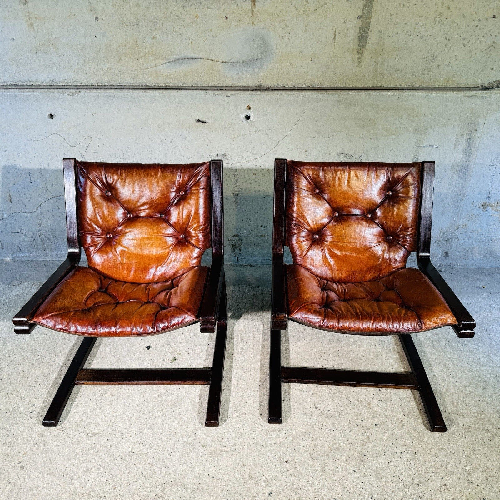 Vintage Pair of  Norwegian 1960s Cantilever Bentwood Chairs Tan Leather